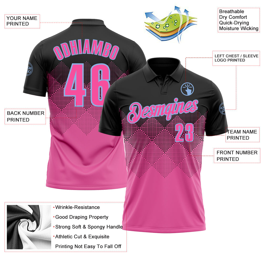 Custom Black Pink-Light Blue 3D Pattern Design Gradient Square Shape Performance Polo Shirt view 3