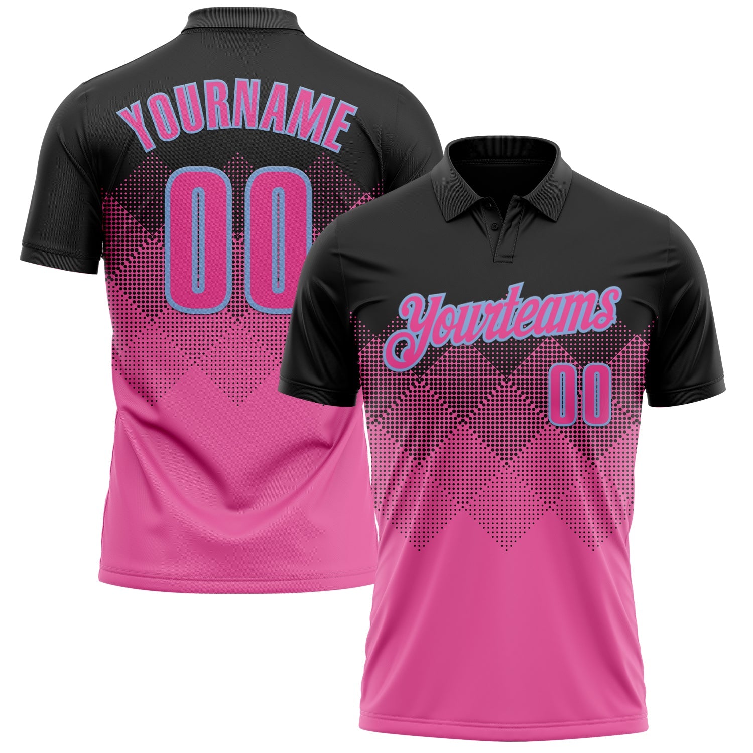 Custom Black Pink-Light Blue 3D Pattern Design Gradient Square Shape Performance Polo Shirt - Main View