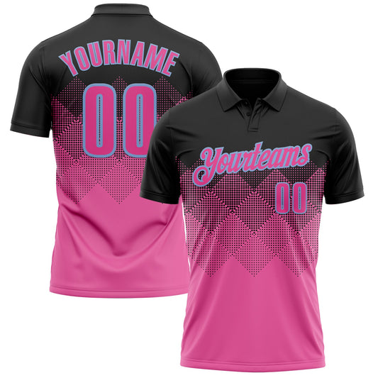 Custom Black Pink-Light Blue 3D Pattern Design Gradient Square Shape Performance Polo Shirt - Main View