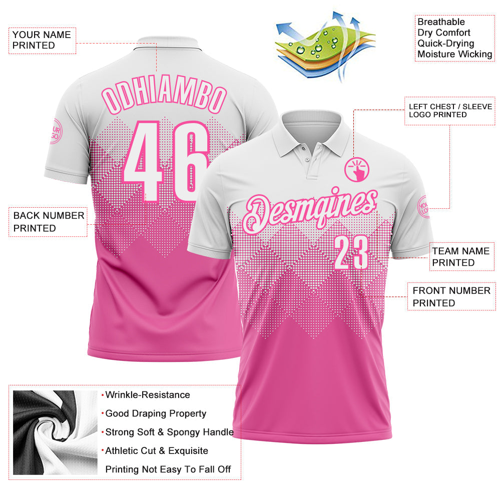 Custom White Pink 3D Pattern Design Gradient Square Shape Performance Polo Shirt view 3
