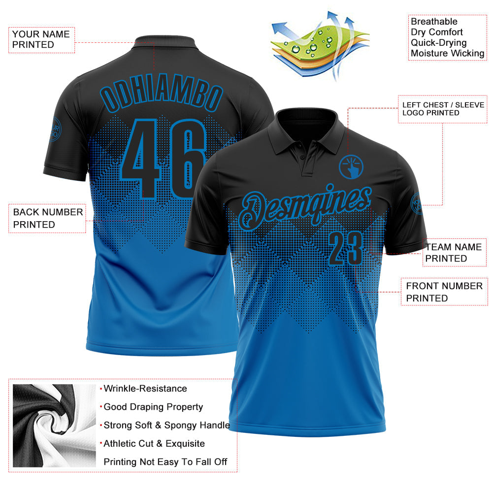 Custom Black Blue 3D Pattern Design Gradient Square Shape Performance Polo Shirt view 3