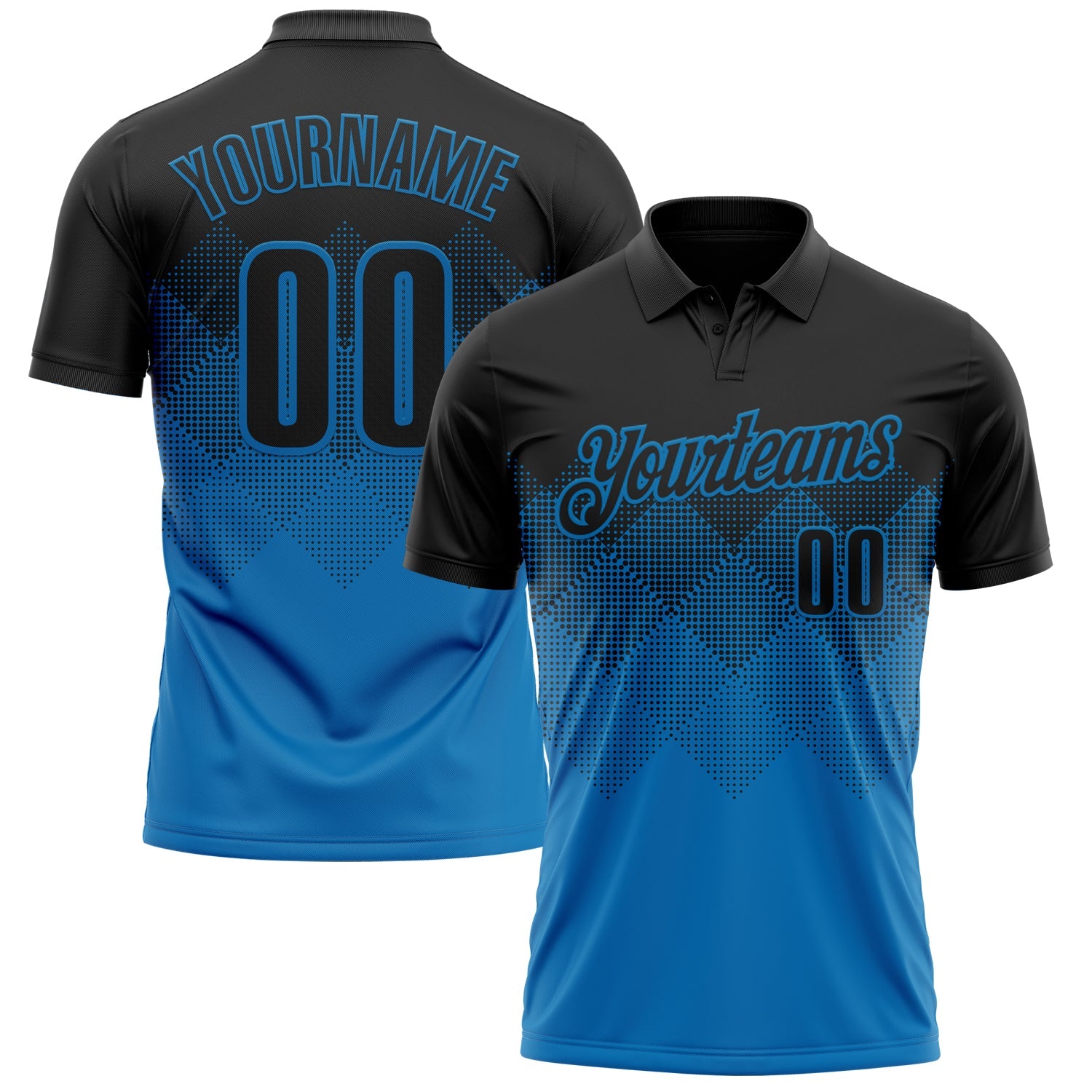 Custom Black Blue 3D Pattern Design Gradient Square Shape Performance Polo Shirt - Main View