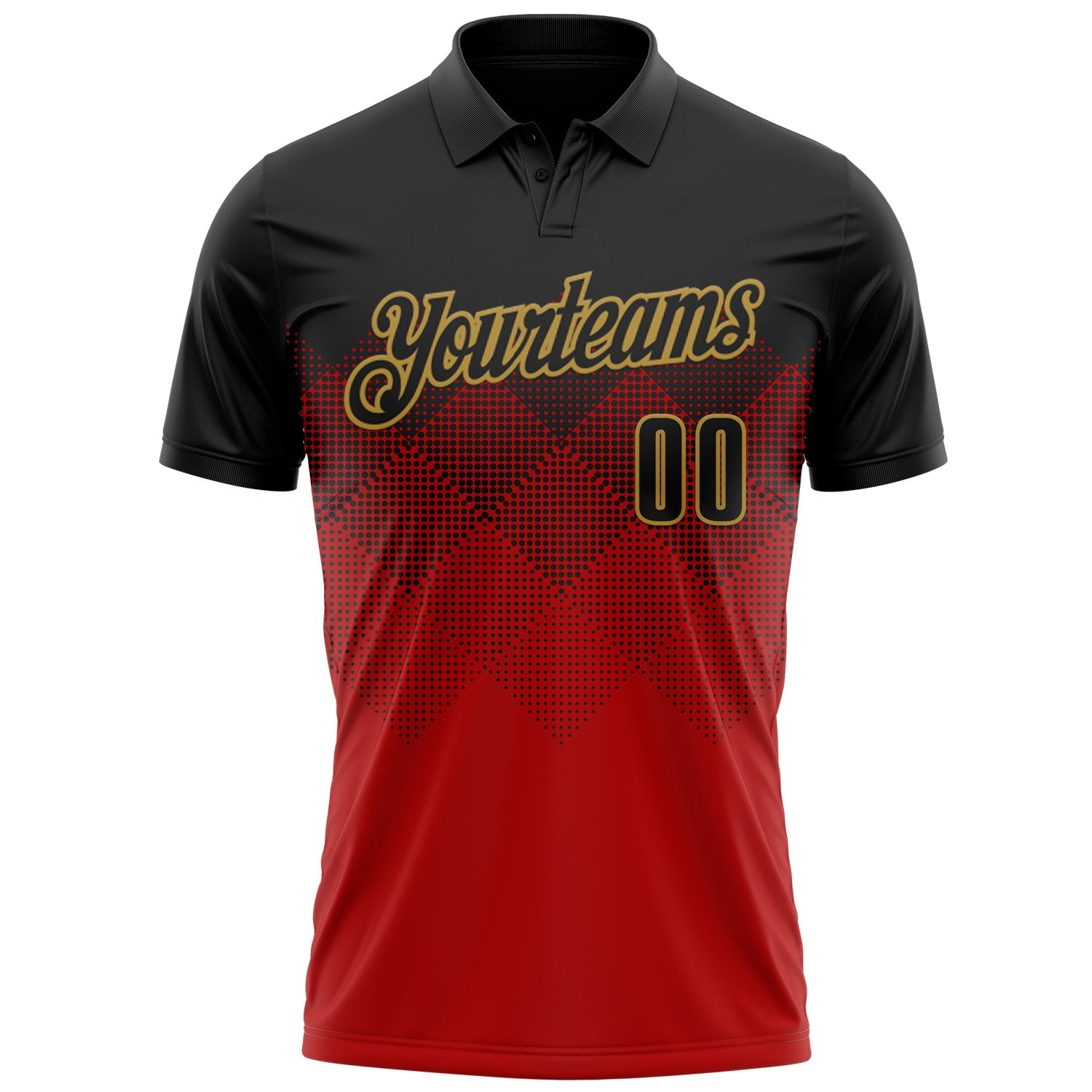 Custom Black Red-Old Gold 3D Pattern Design Gradient Square Shape Performance Polo Shirt view 3