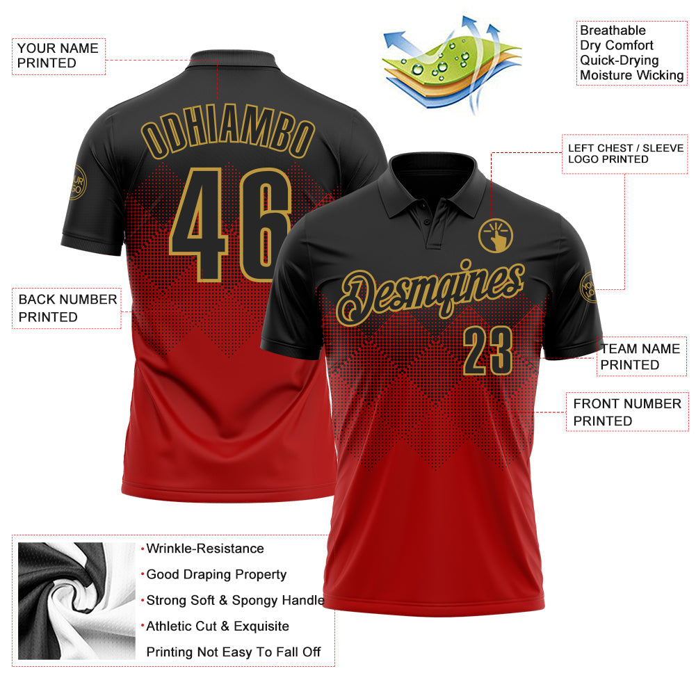Custom Black Red-Old Gold 3D Pattern Design Gradient Square Shape Performance Polo Shirt view 4