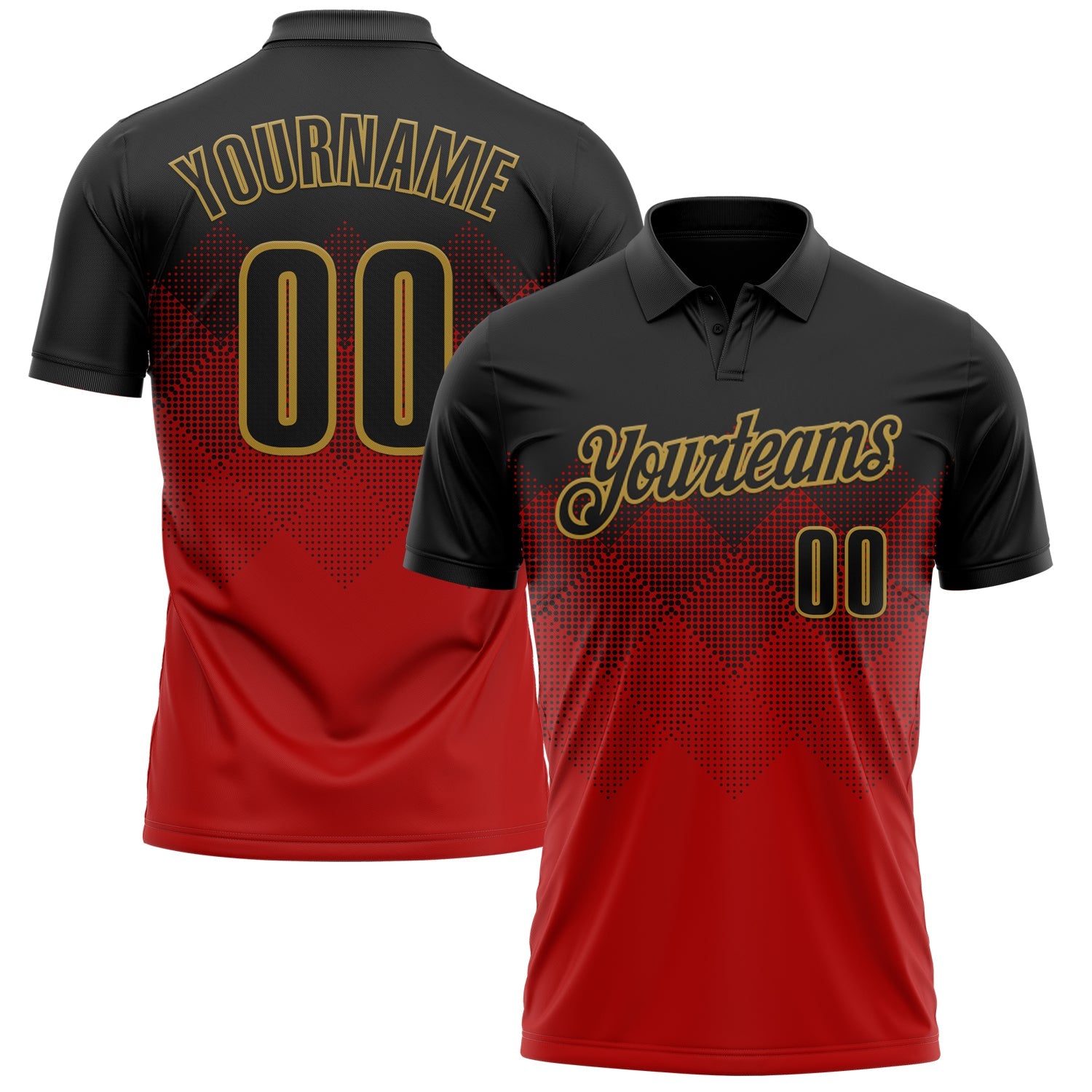 Custom Black Red-Old Gold 3D Pattern Design Gradient Square Shape Performance Polo Shirt - Main View