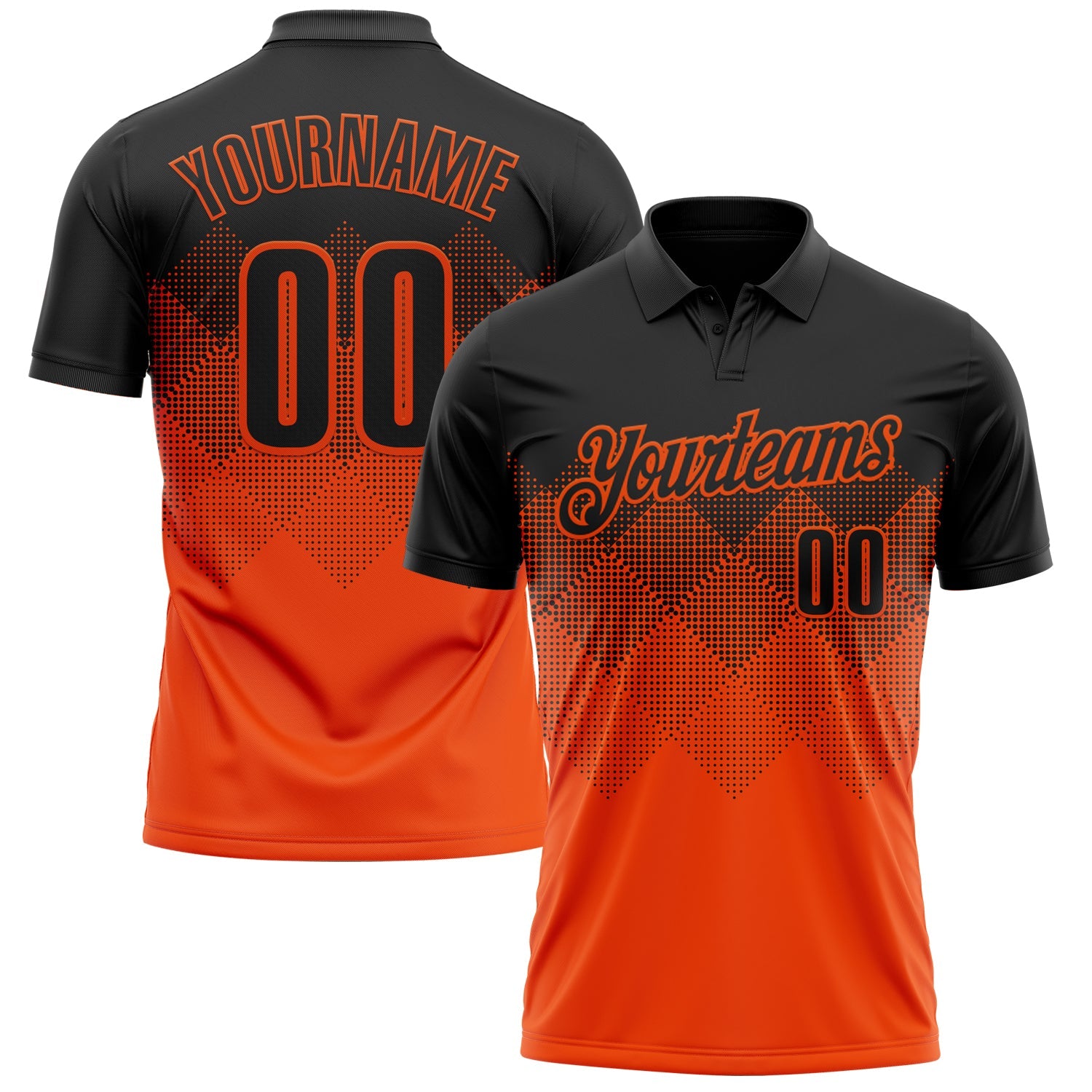 Custom Black Orange 3D Pattern Design Gradient Square Shape Performance Polo Shirt - Main View