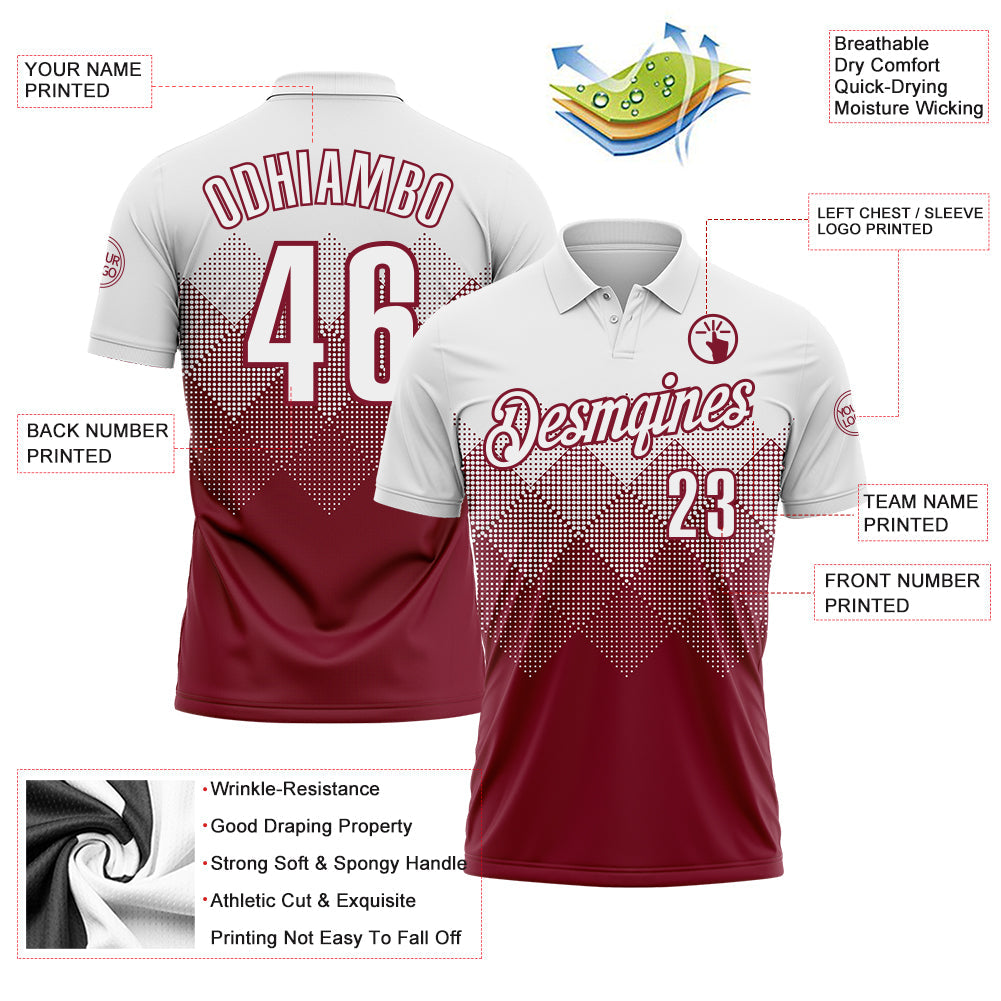 Custom White Crimson 3D Pattern Design Gradient Square Shape Performance Polo Shirt view 3