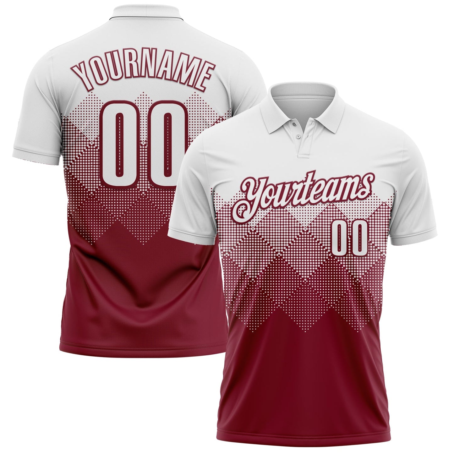 Custom White Crimson 3D Pattern Design Gradient Square Shape Performance Polo Shirt - Main View