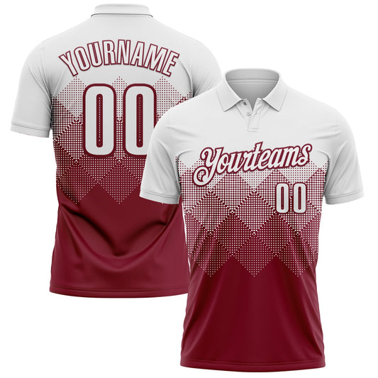 Custom White Crimson 3D Pattern Design Gradient Square Shape Performance Polo Shirt - Main View