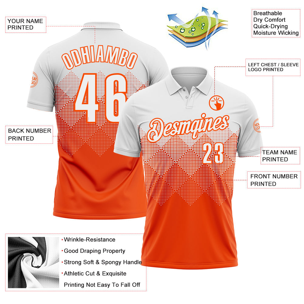 Custom White Orange 3D Pattern Design Gradient Square Shape Performance Polo Shirt view 3