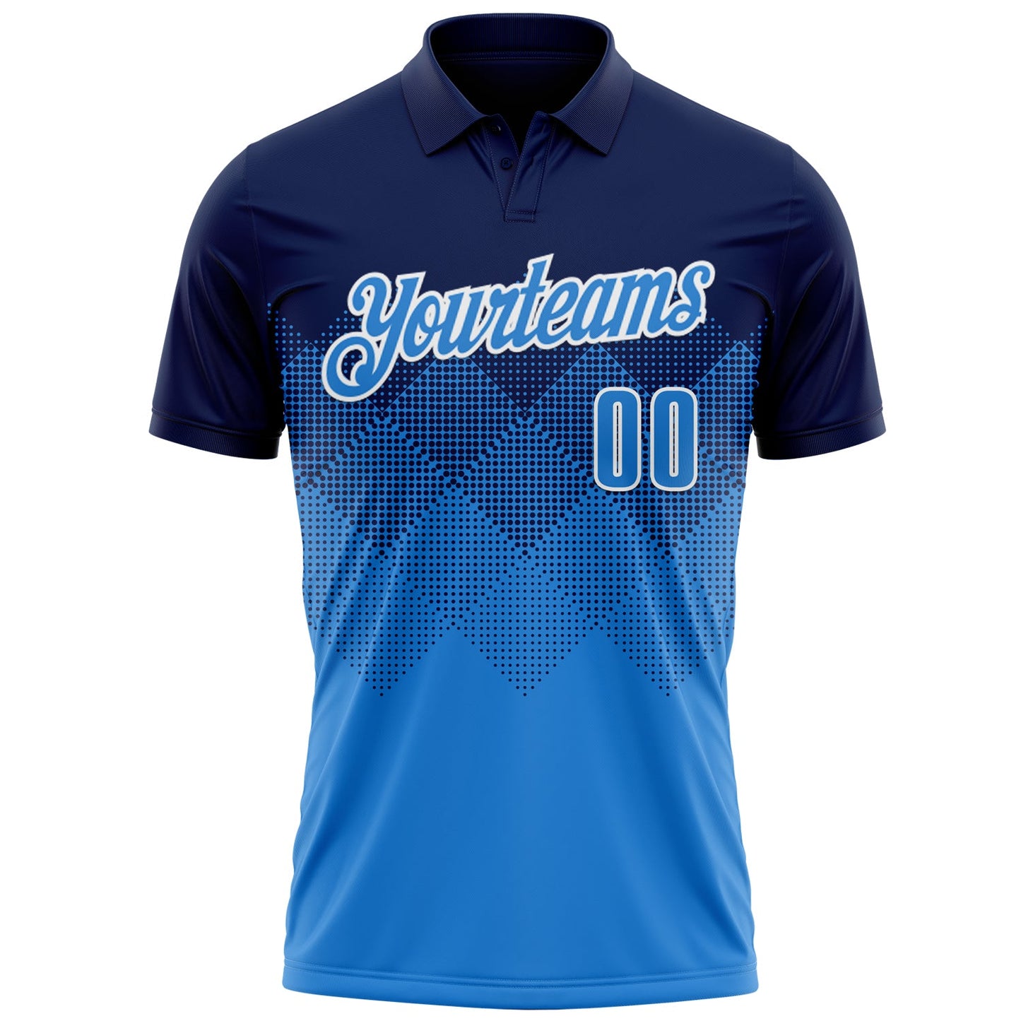 Custom Navy Powder Blue-White 3D Pattern Design Gradient Square Shape Performance Polo Shirt view 2