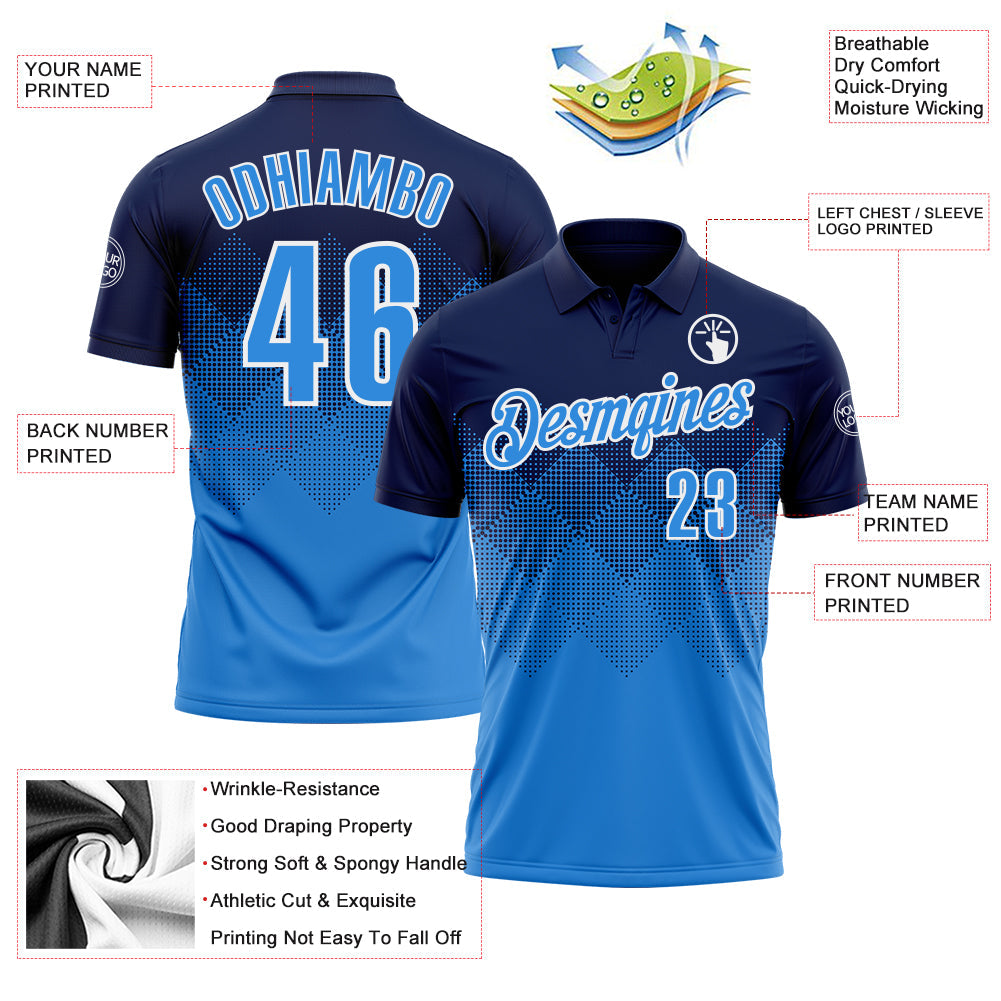 Custom Navy Powder Blue-White 3D Pattern Design Gradient Square Shape Performance Polo Shirt view 3