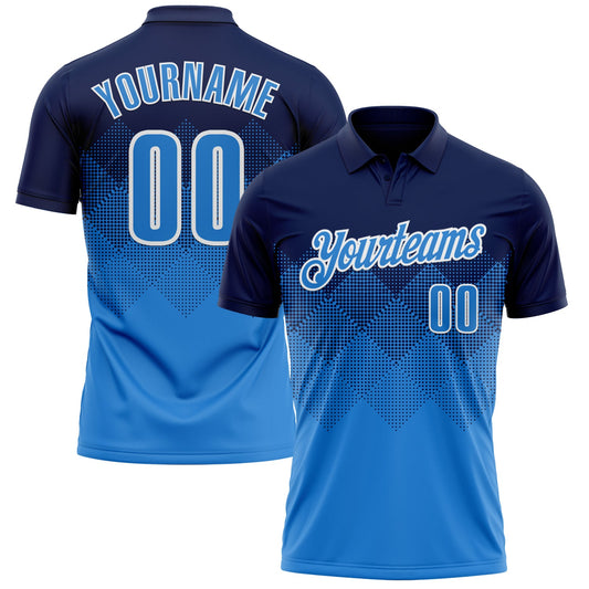 Custom Navy Powder Blue-White 3D Pattern Design Gradient Square Shape Performance Polo Shirt - Main View