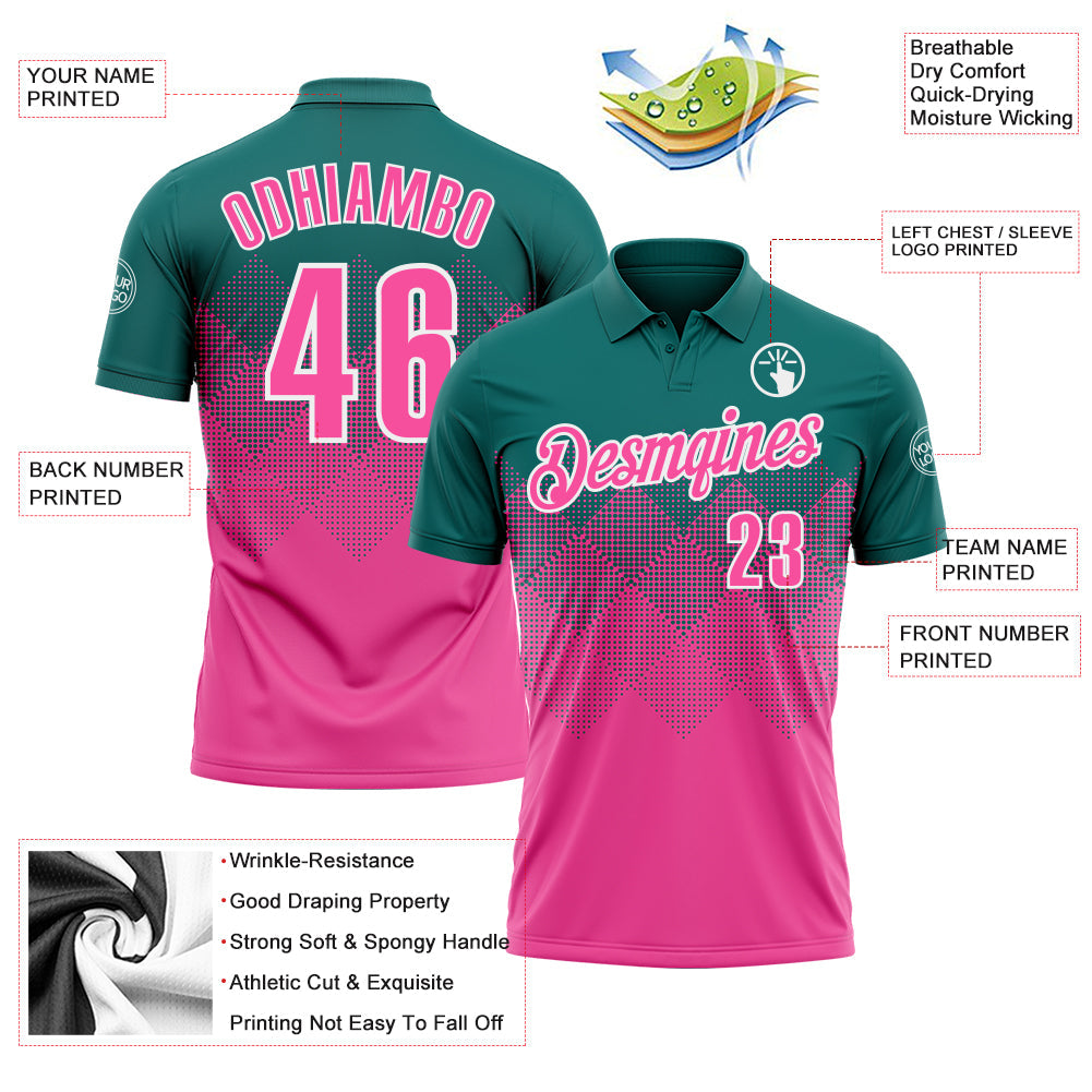 Custom Teal Pink-White 3D Pattern Design Gradient Square Shape Performance Polo Shirt view 3
