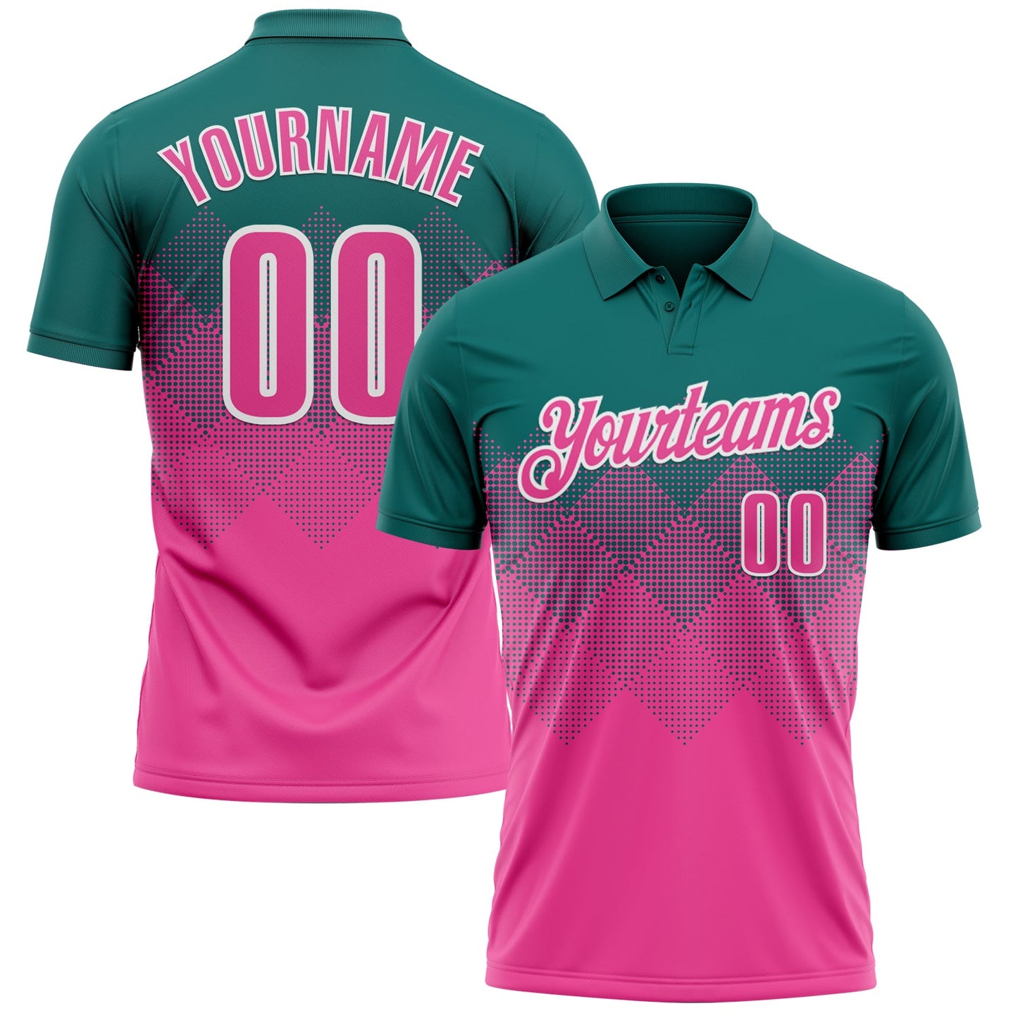 Custom Teal Pink-White 3D Pattern Design Gradient Square Shape Performance Polo Shirt - Main View