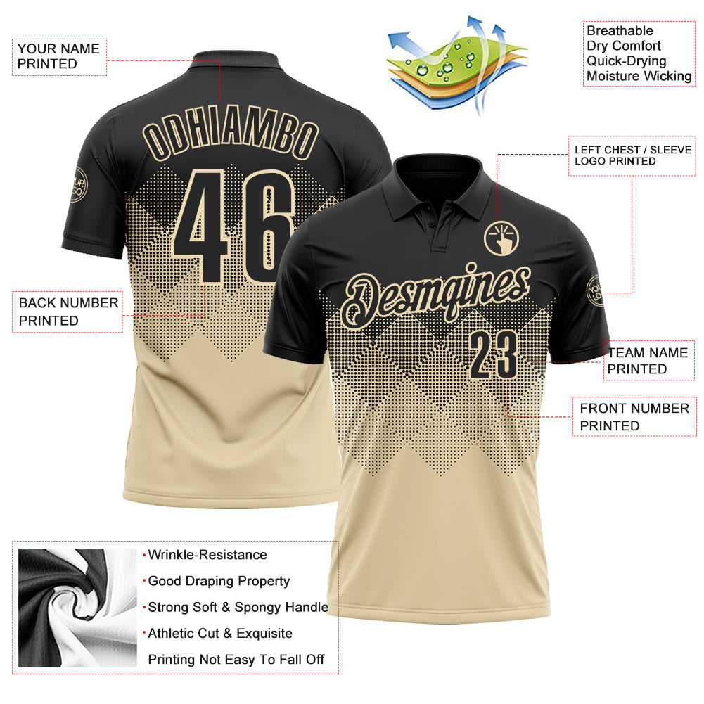 Custom Black Cream 3D Pattern Design Gradient Square Shape Performance Polo Shirt view 3