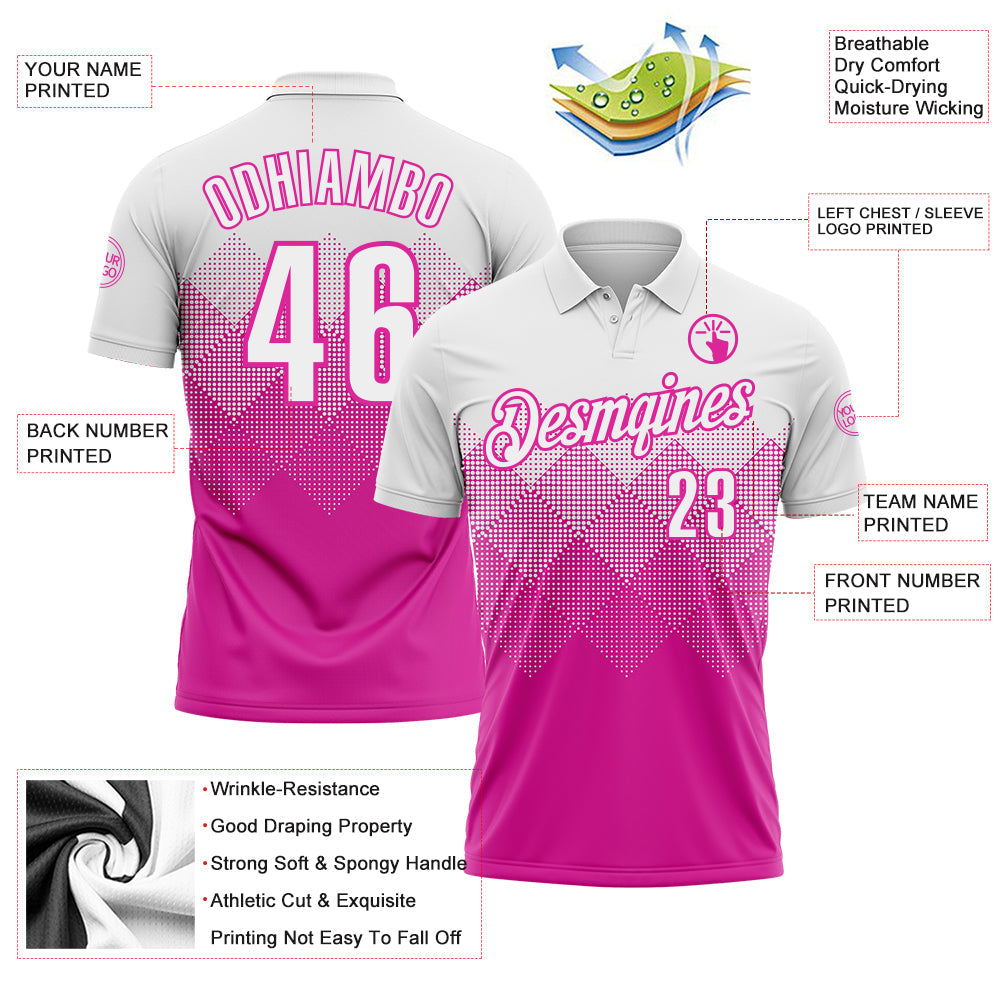 Custom White Deep Pink 3D Pattern Design Gradient Square Shape Performance Polo Shirt view 3