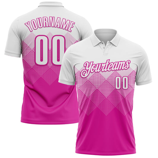 Custom White Deep Pink 3D Pattern Design Gradient Square Shape Performance Polo Shirt - Main View