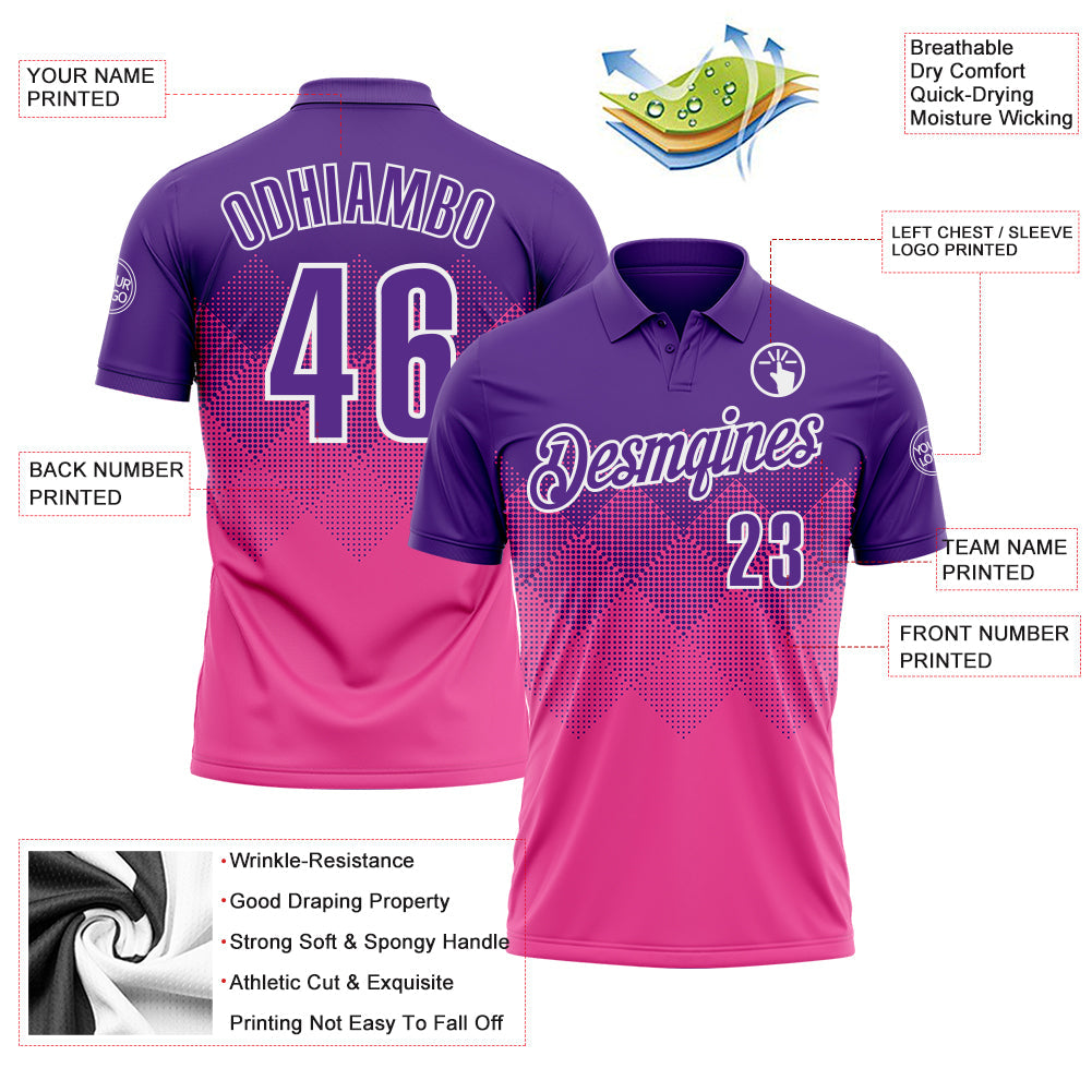 Custom Purple Pink-White 3D Pattern Design Gradient Square Shape Performance Polo Shirt view 3