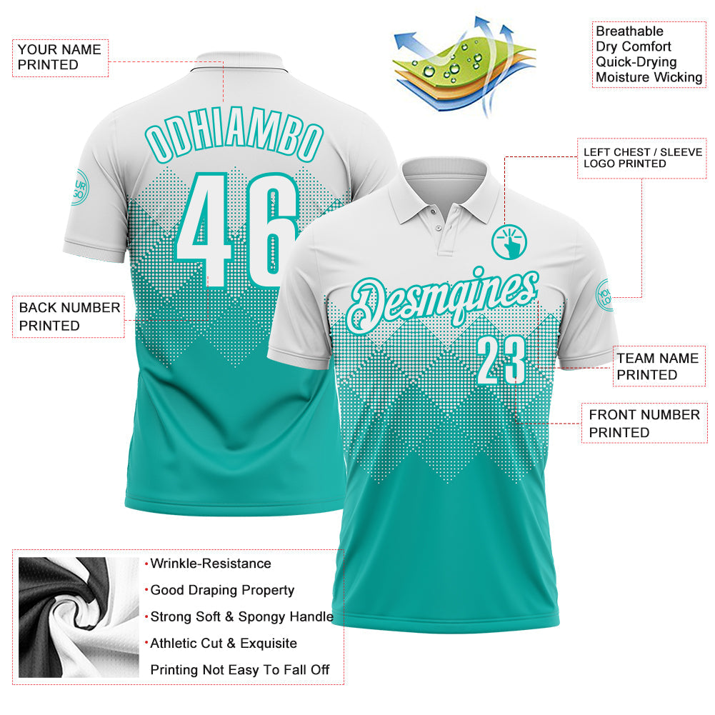 Custom White Aqua 3D Pattern Design Gradient Square Shape Performance Polo Shirt view 3