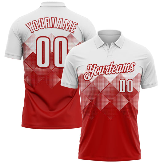 Custom White Red 3D Pattern Design Gradient Square Shape Performance Polo Shirt - Main View