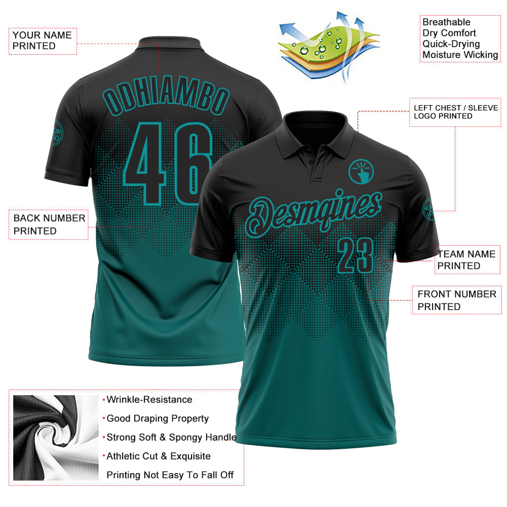 Custom Black Teal 3D Pattern Design Gradient Square Shape Performance Polo Shirt view 3