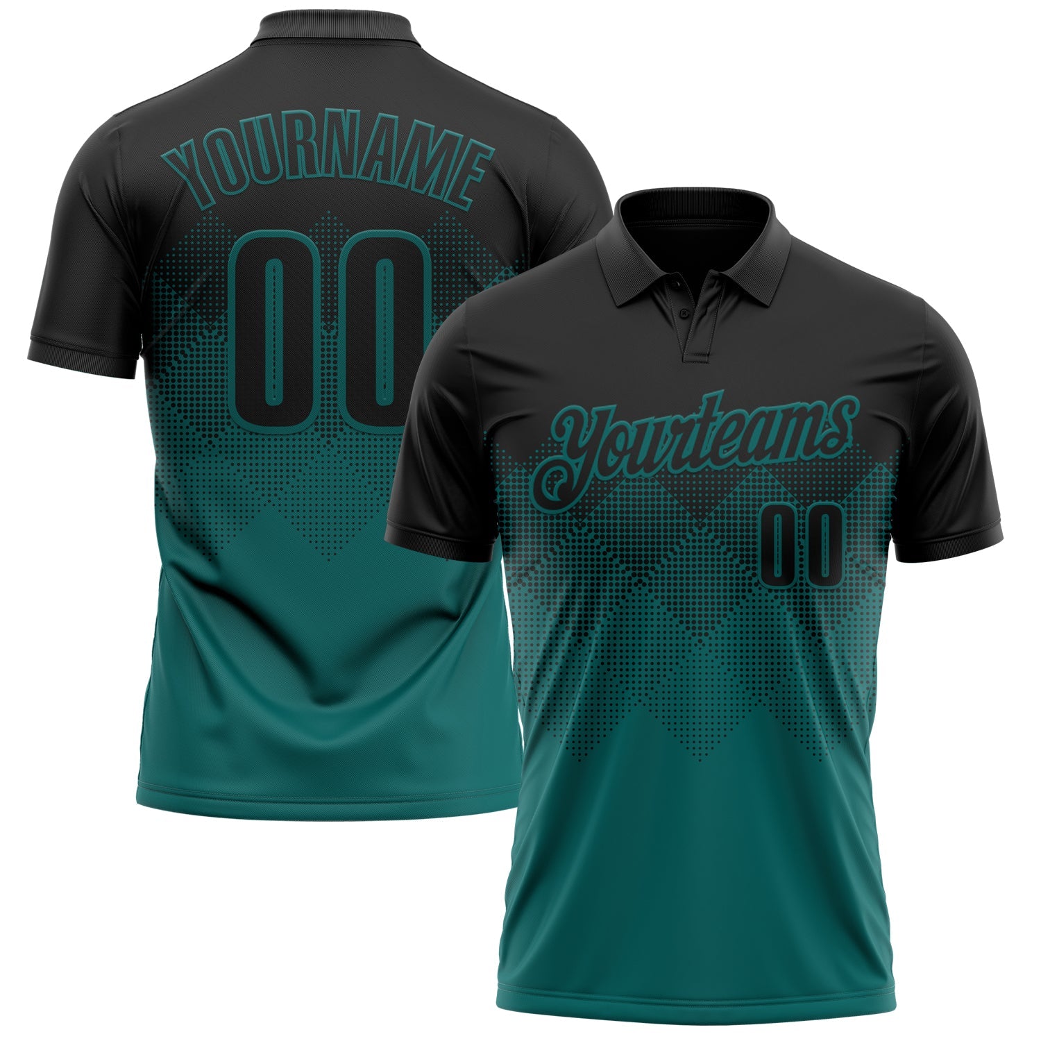 Custom Black Teal 3D Pattern Design Gradient Square Shape Performance Polo Shirt - Main View