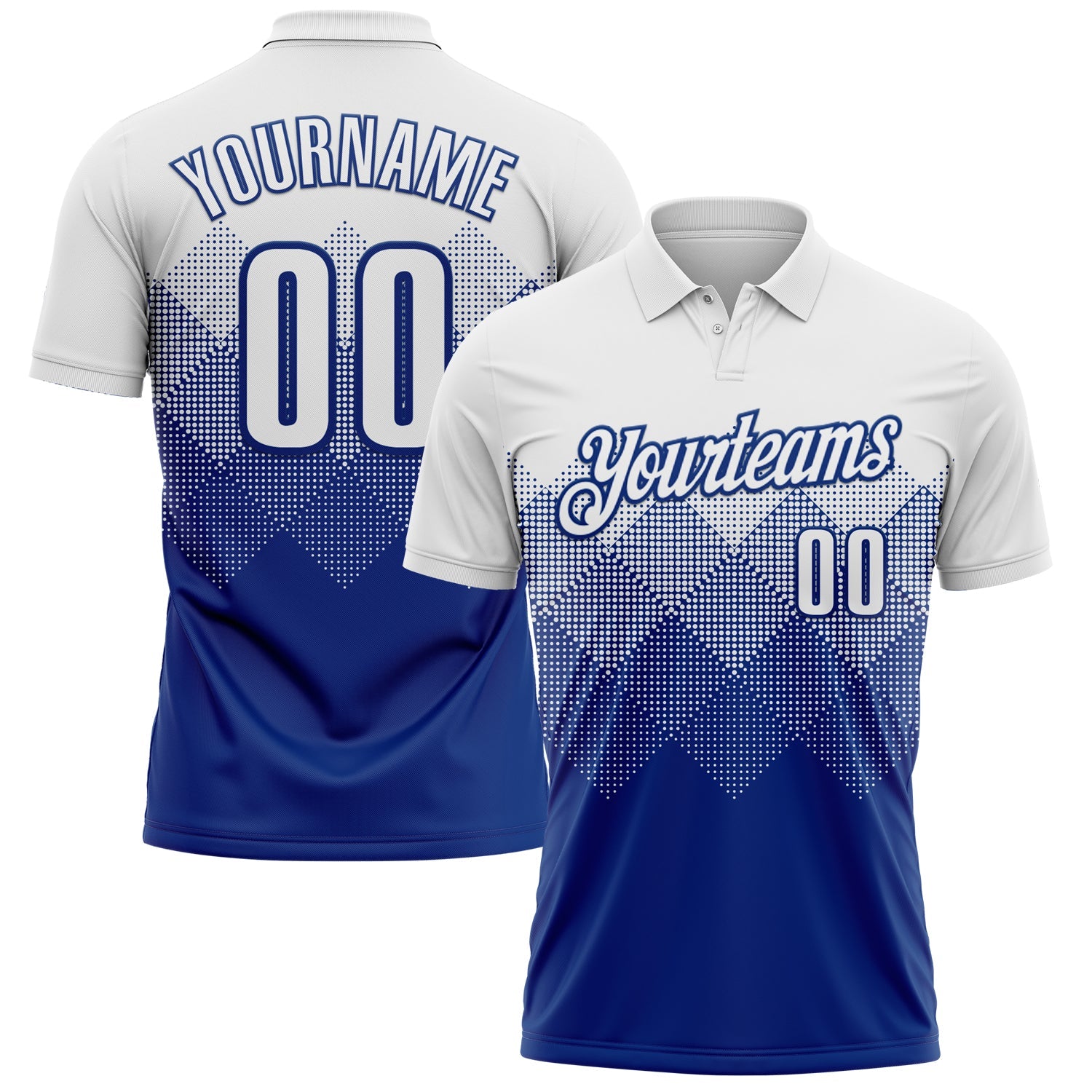Custom White Royal 3D Pattern Design Gradient Square Shape Performance Polo Shirt - Main View