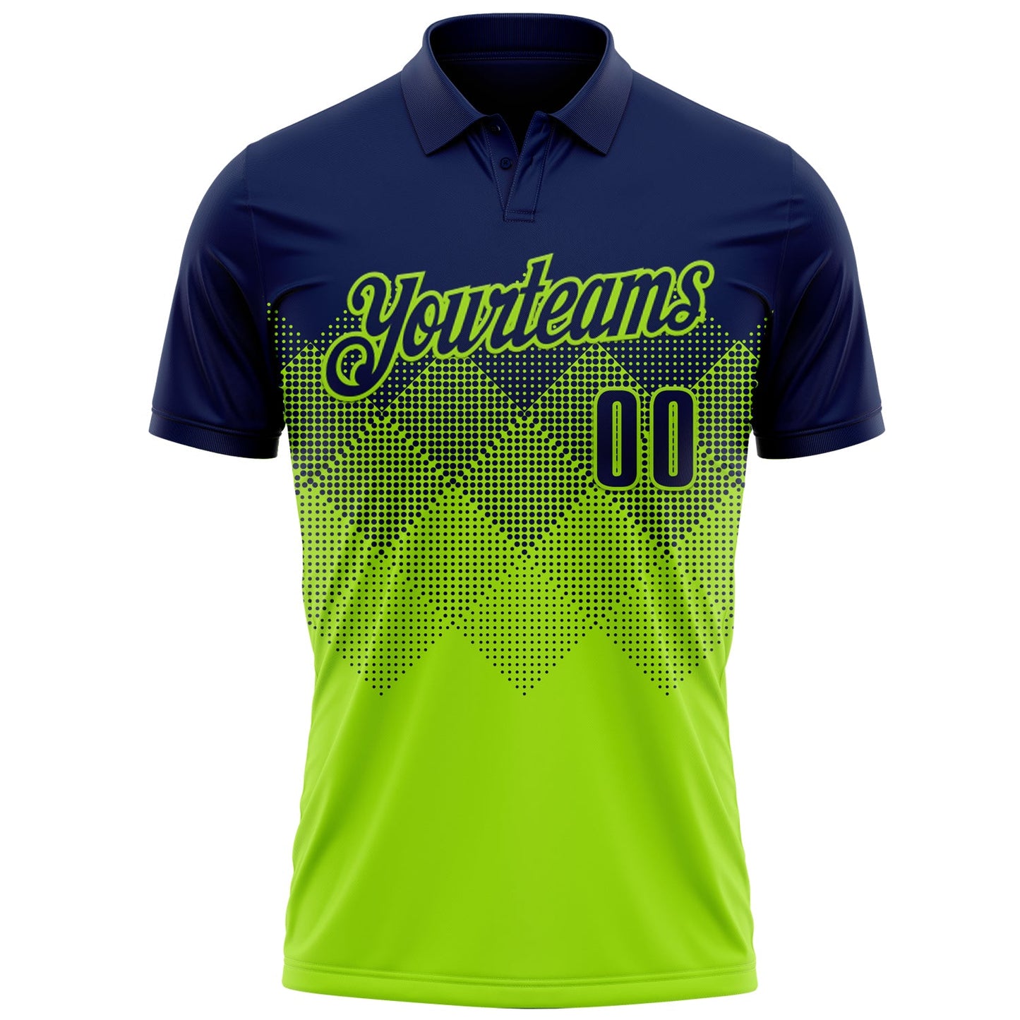 Custom Navy Neon Green 3D Pattern Design Gradient Square Shape Performance Polo Shirt view 2