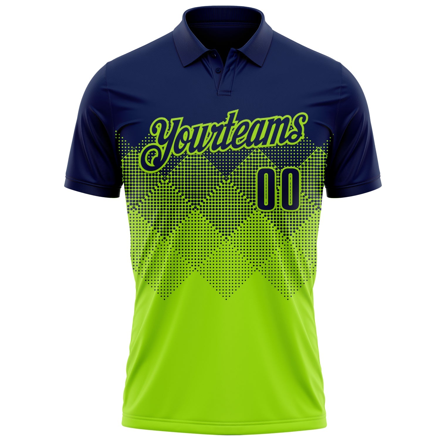 Custom Navy Neon Green 3D Pattern Design Gradient Square Shape Performance Polo Shirt view 2