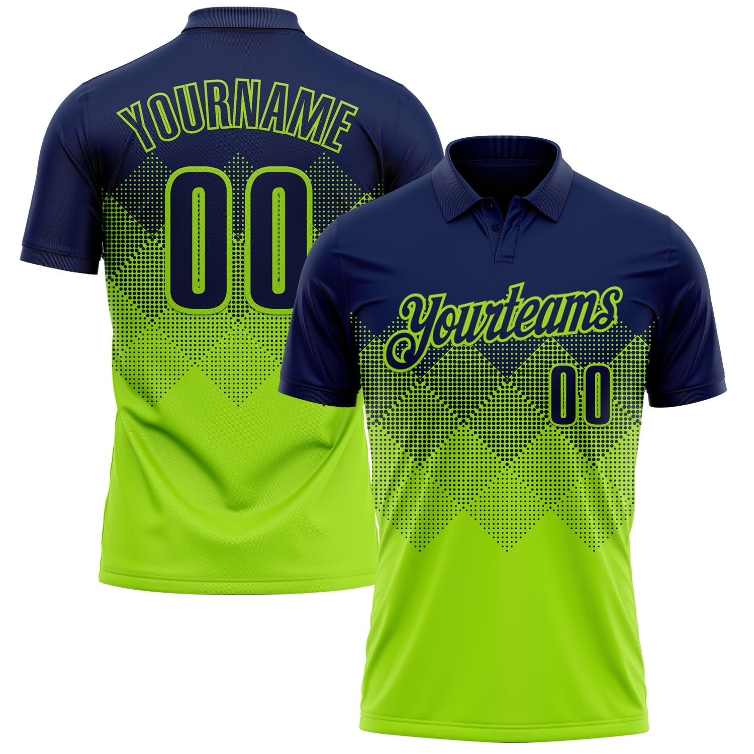 Custom Navy Neon Green 3D Pattern Design Gradient Square Shape Performance Polo Shirt - Main View