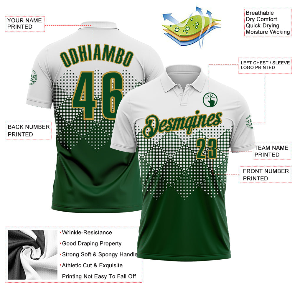 Custom White Green-Old Gold 3D Pattern Design Gradient Square Shape Performance Polo Shirt view 3