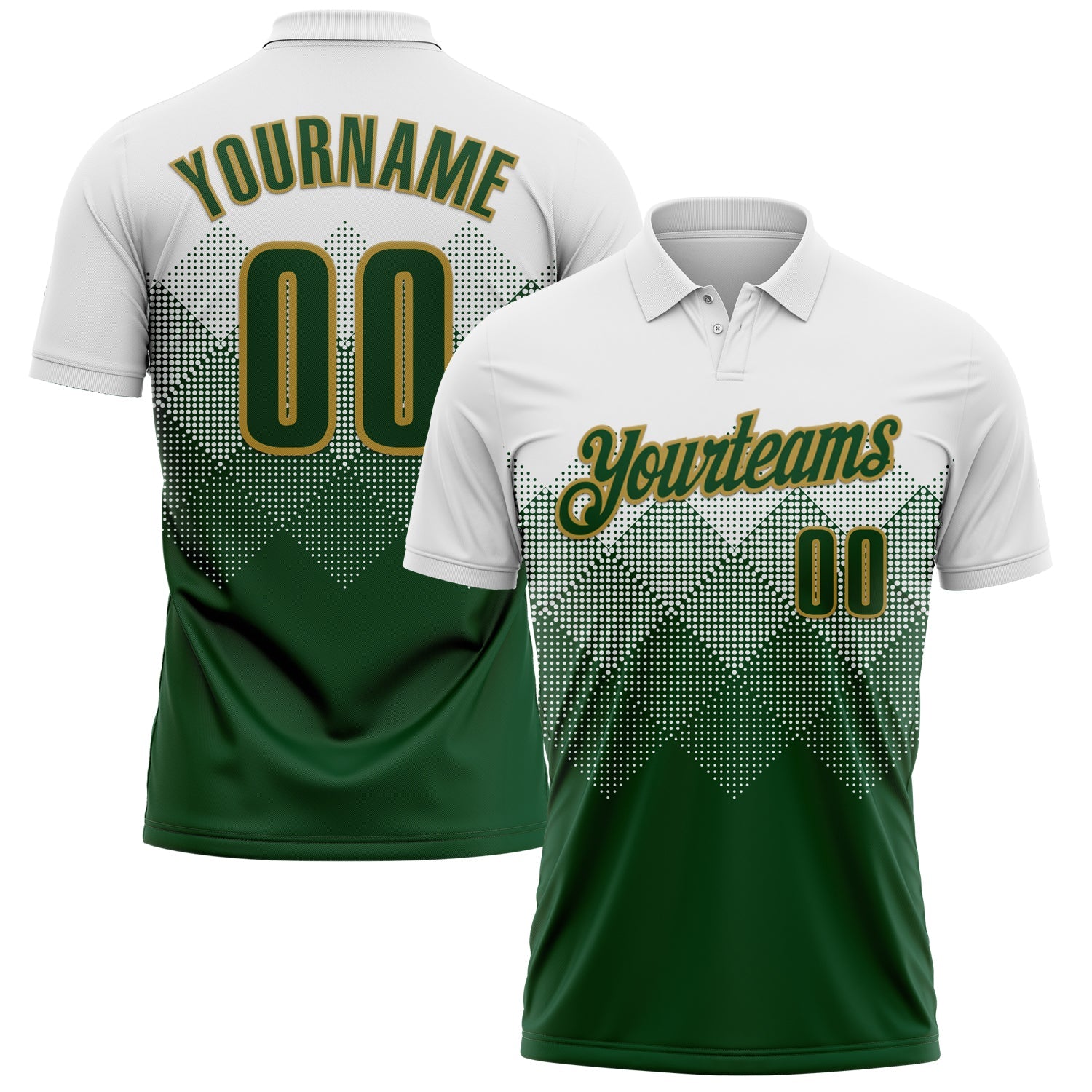 Custom White Green-Old Gold 3D Pattern Design Gradient Square Shape Performance Polo Shirt - Main View