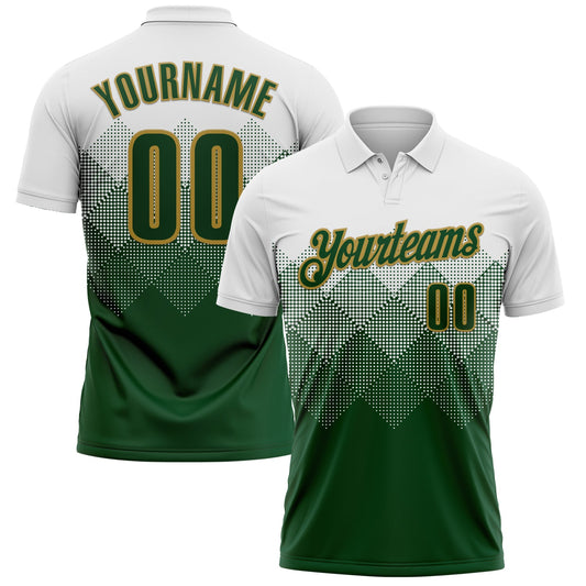 Custom White Green-Old Gold 3D Pattern Design Gradient Square Shape Performance Polo Shirt - Main View