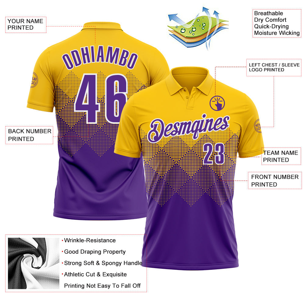 Custom Yellow Purple-White 3D Pattern Design Gradient Square Shape Performance Polo Shirt view 3