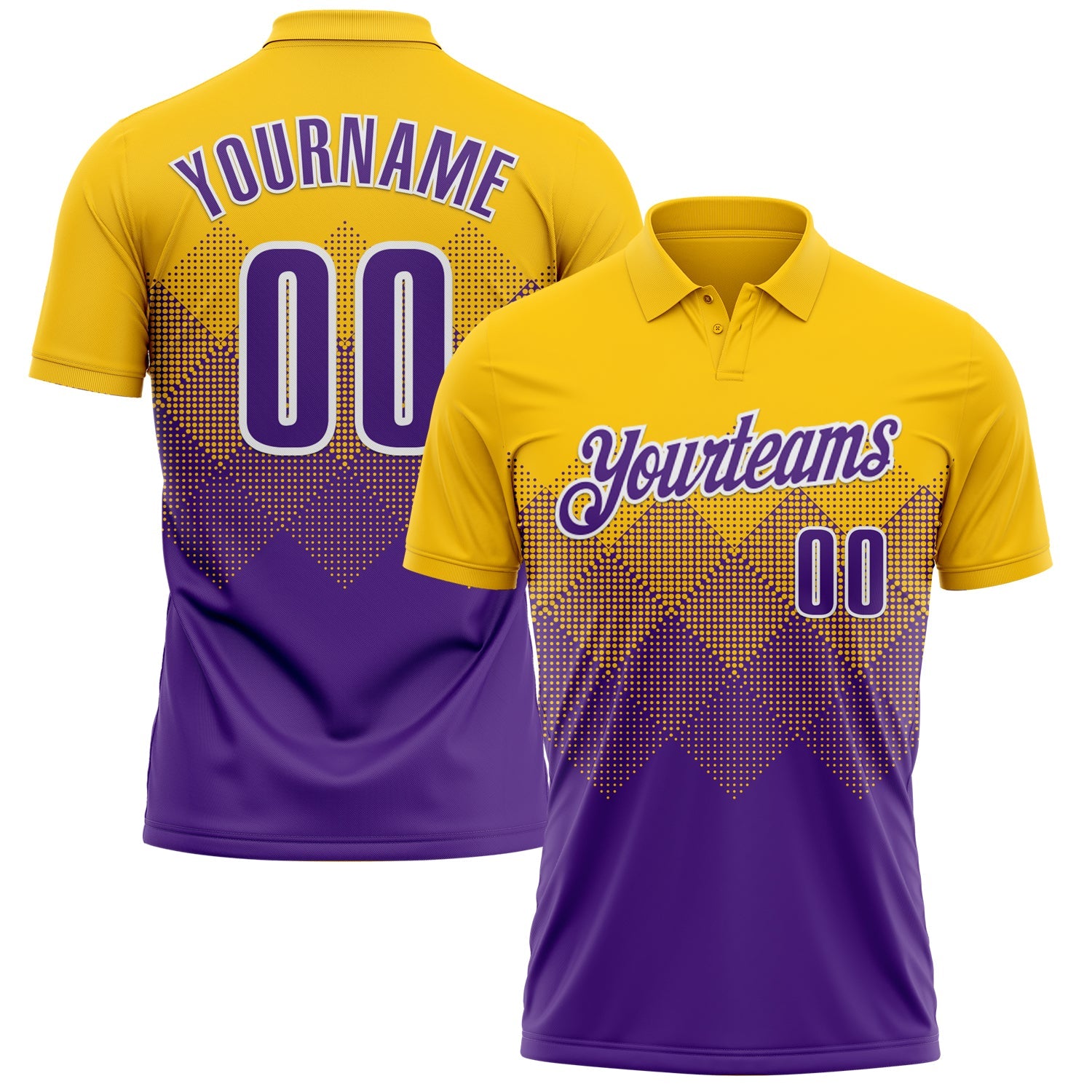 Custom Yellow Purple-White 3D Pattern Design Gradient Square Shape Performance Polo Shirt - Main View