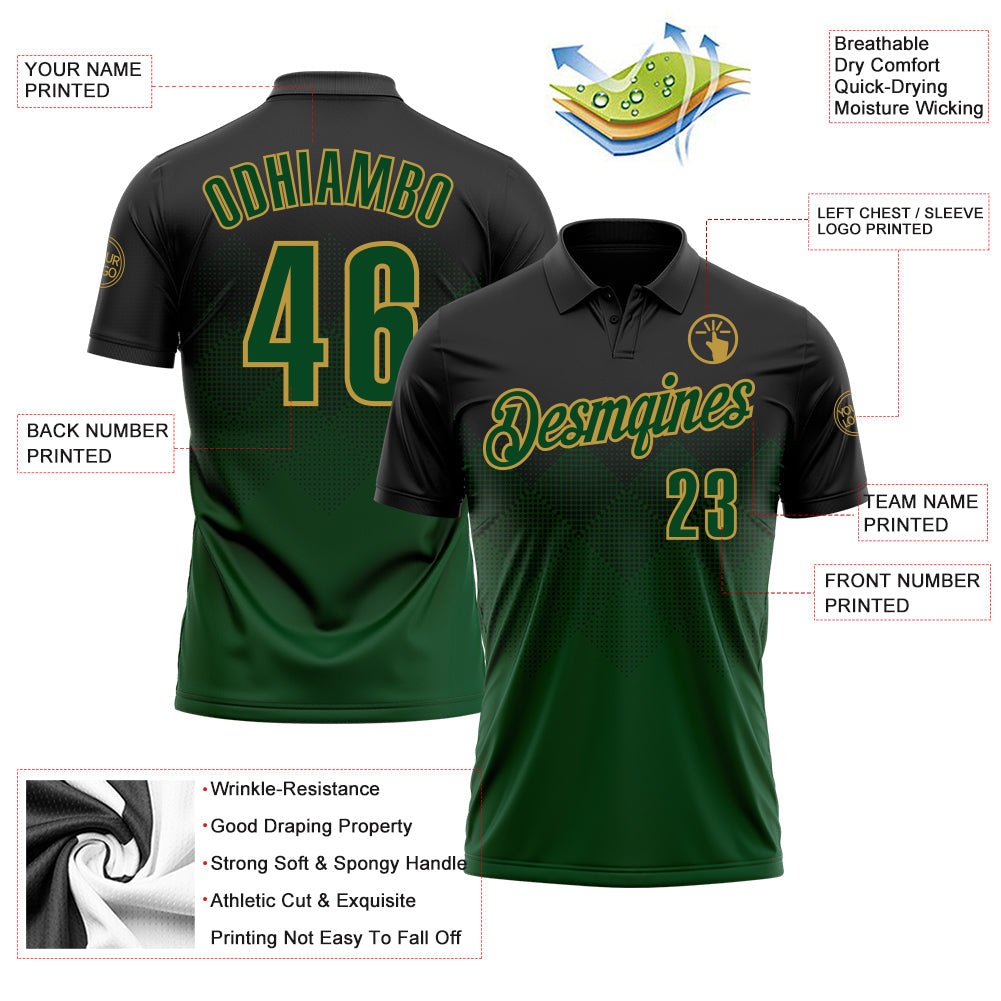 Custom Black Green-Old Gold 3D Pattern Design Gradient Square Shape Performance Polo Shirt view 3