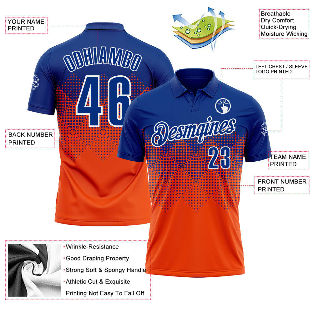Custom Royal Orange-White 3D Pattern Design Gradient Square Shape Performance Polo Shirt view 3