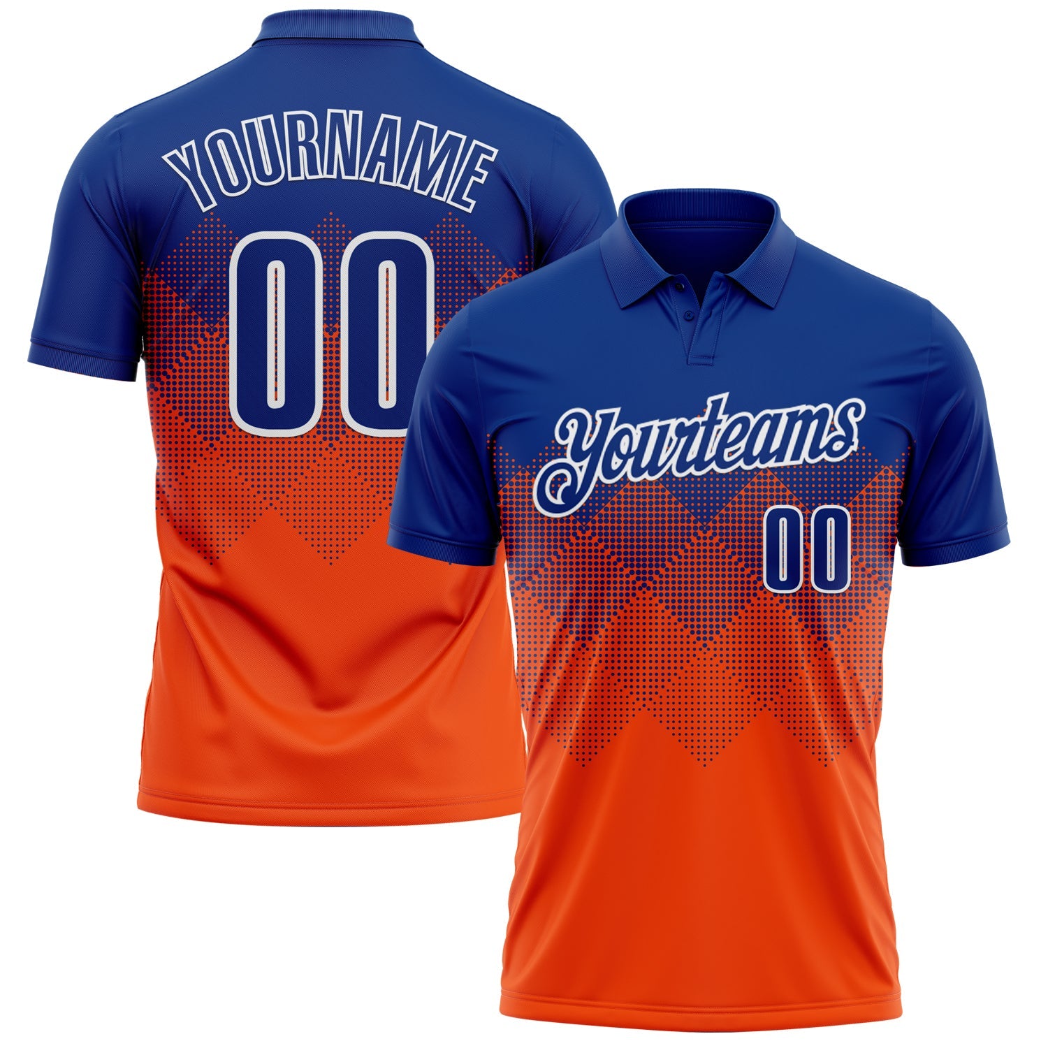 Custom Royal Orange-White 3D Pattern Design Gradient Square Shape Performance Polo Shirt - Main View