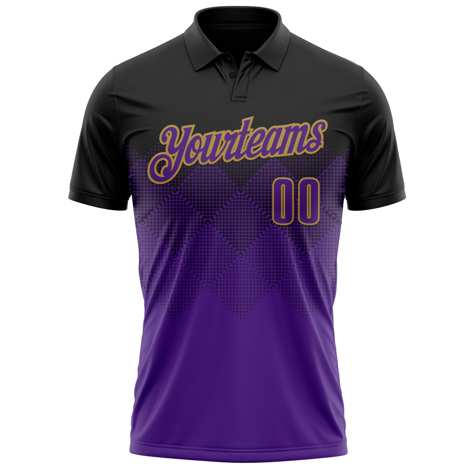 Custom Black Purple-Old Gold 3D Pattern Design Gradient Square Shape Performance Polo Shirt view 2