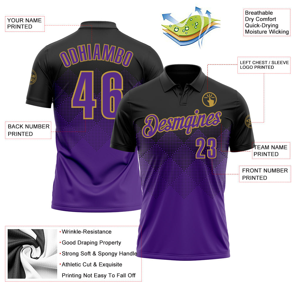 Custom Black Purple-Old Gold 3D Pattern Design Gradient Square Shape Performance Polo Shirt view 3