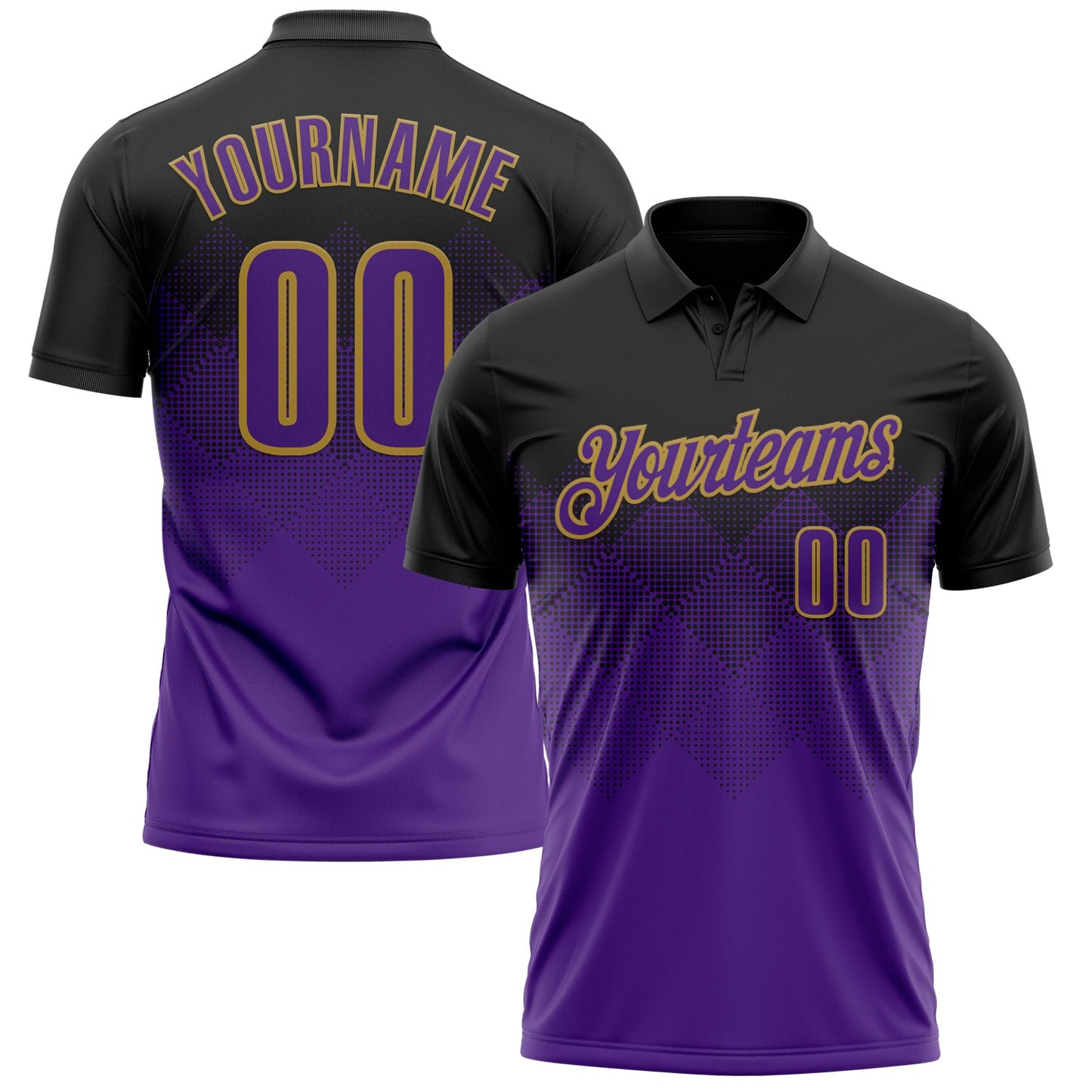 Custom Black Purple-Old Gold 3D Pattern Design Gradient Square Shape Performance Polo Shirt - Main View