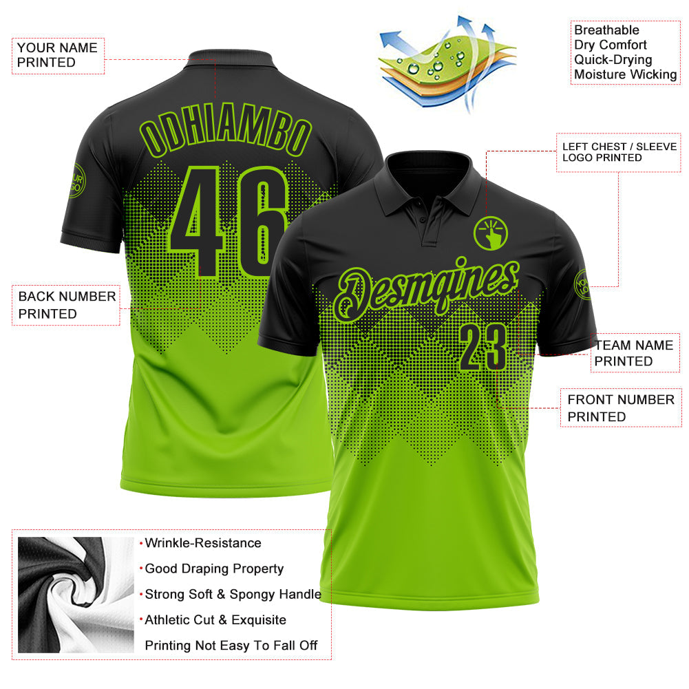 Custom Black Neon Green 3D Pattern Design Gradient Square Shape Performance Polo Shirt view 3