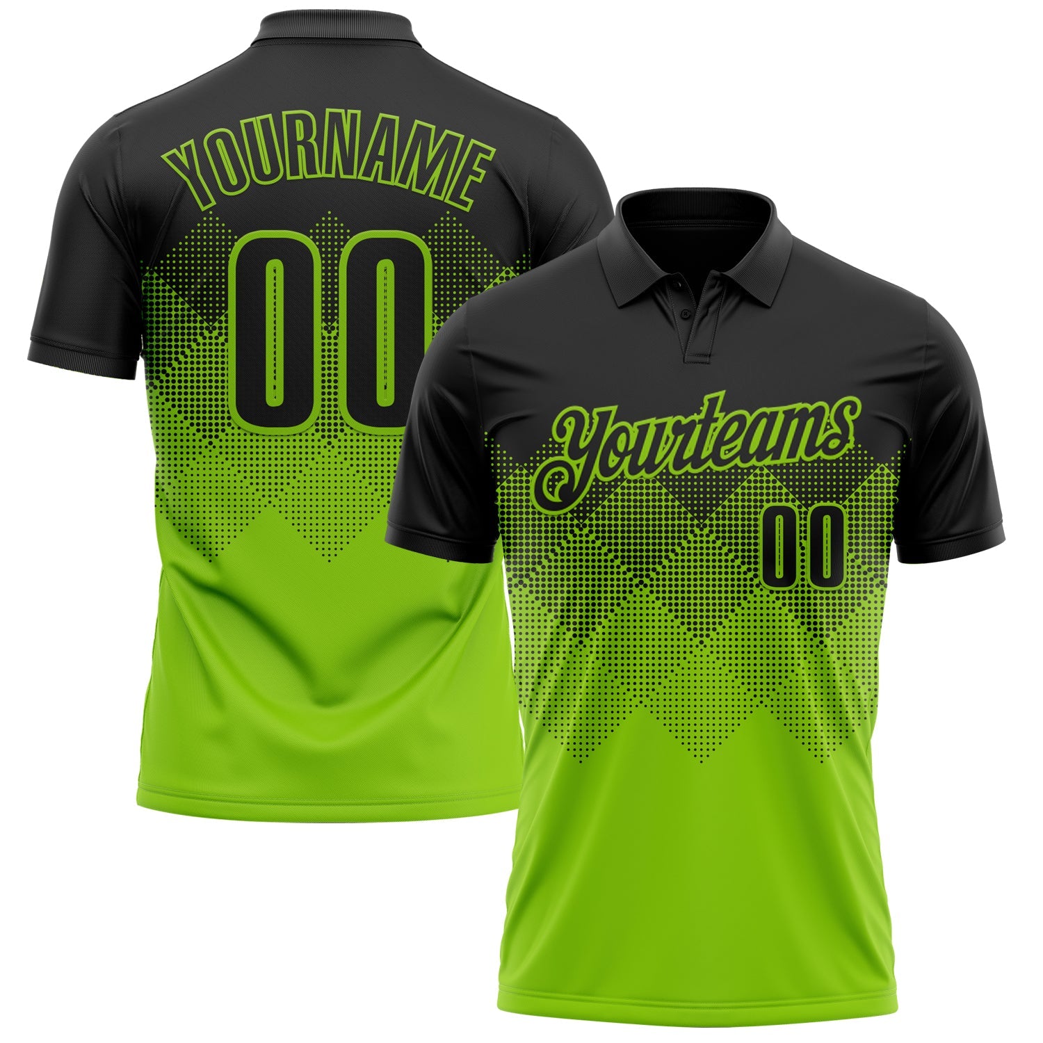 Custom Black Neon Green 3D Pattern Design Gradient Square Shape Performance Polo Shirt - Main View