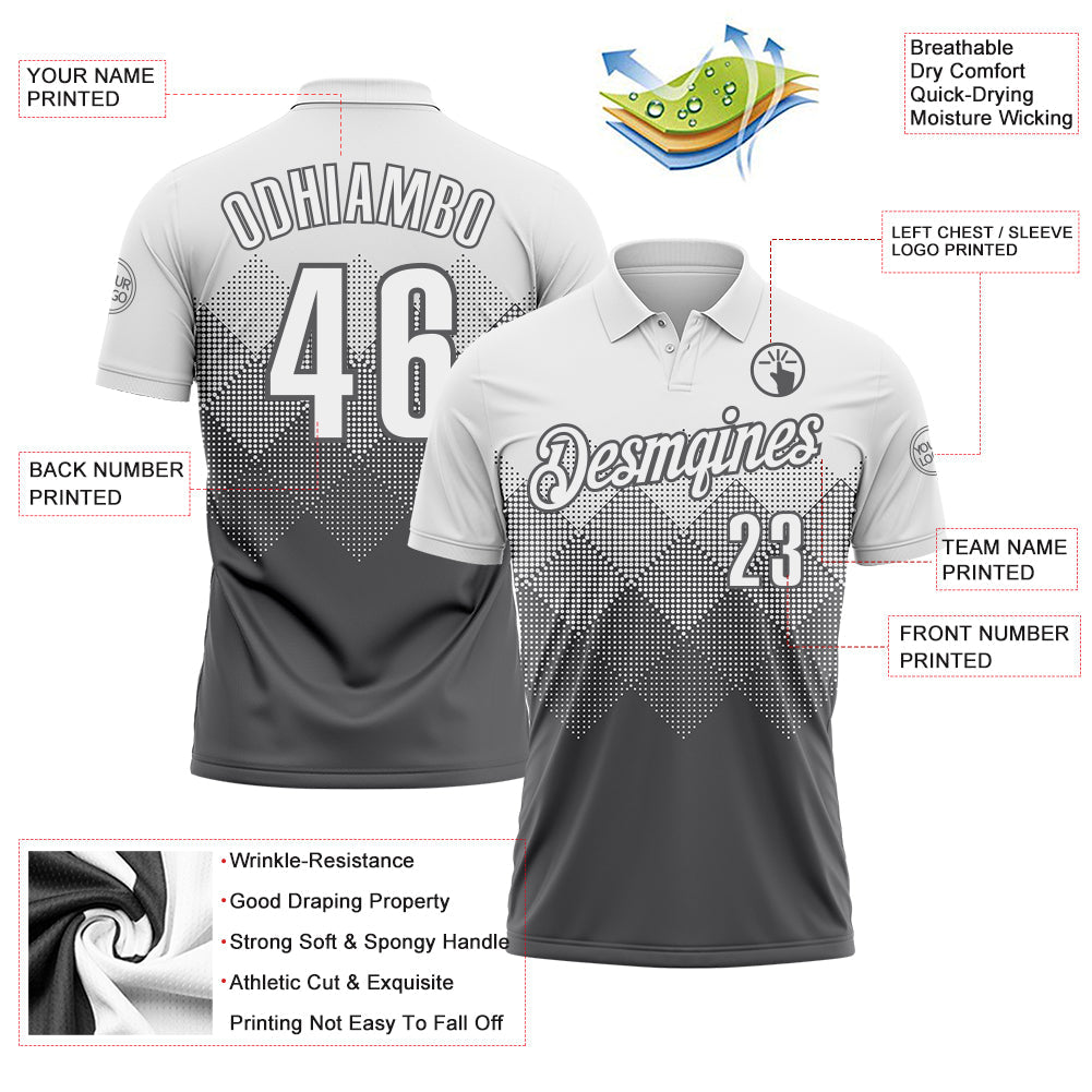 Custom White Steel Gray 3D Pattern Design Gradient Square Shape Performance Polo Shirt view 3