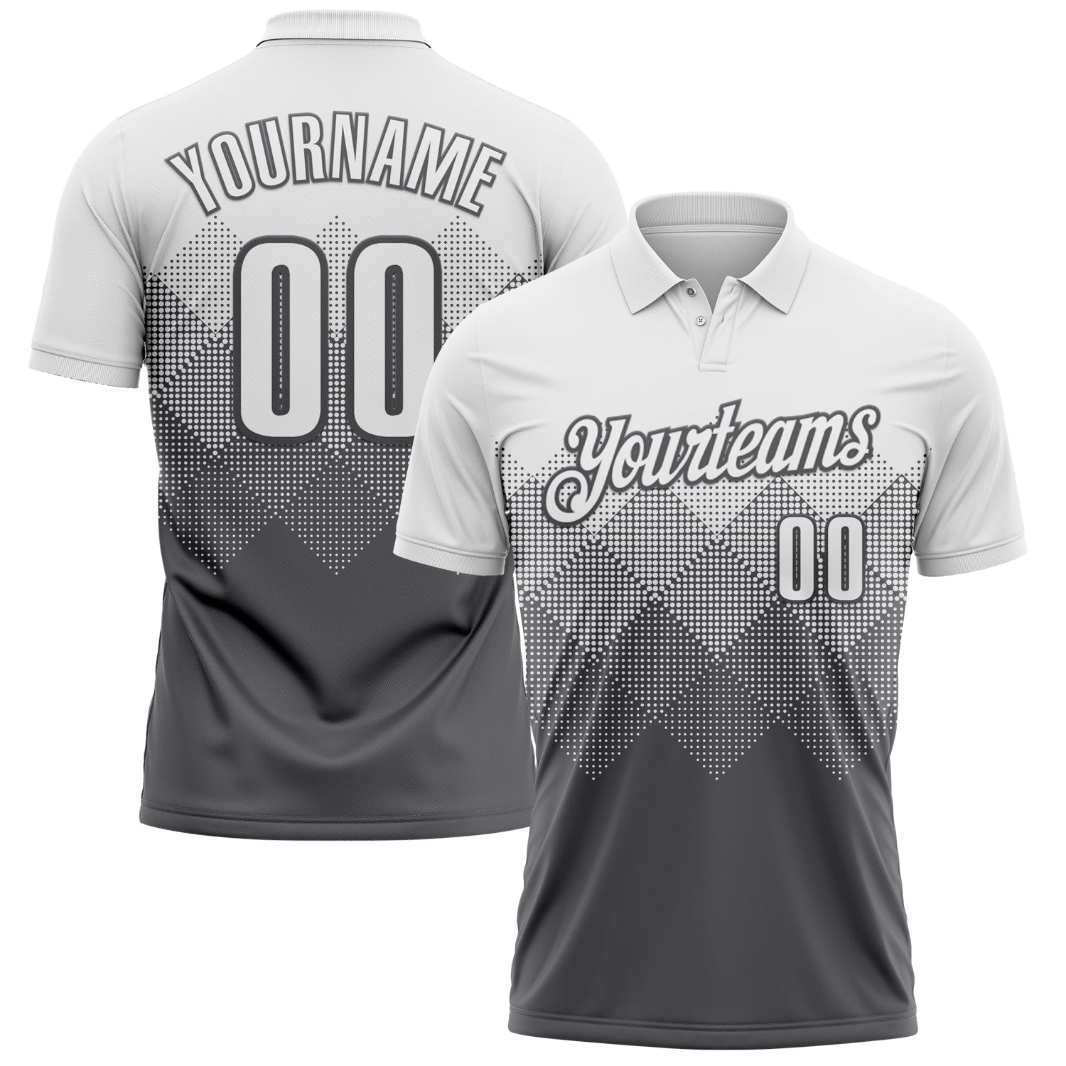 Custom White Steel Gray 3D Pattern Design Gradient Square Shape Performance Polo Shirt - Main View