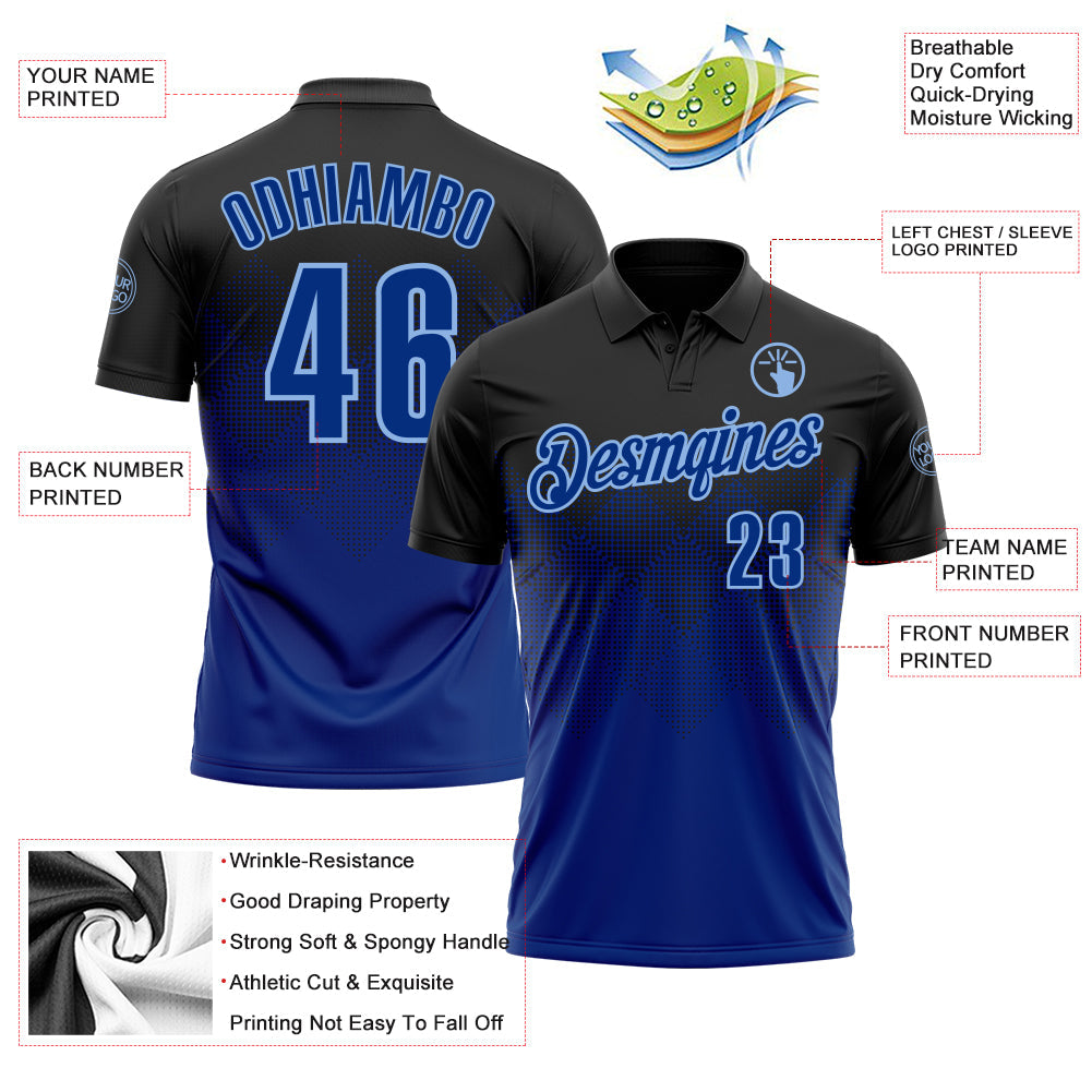 Custom Black Royal-Light Blue 3D Pattern Design Gradient Square Shape Performance Polo Shirt view 3