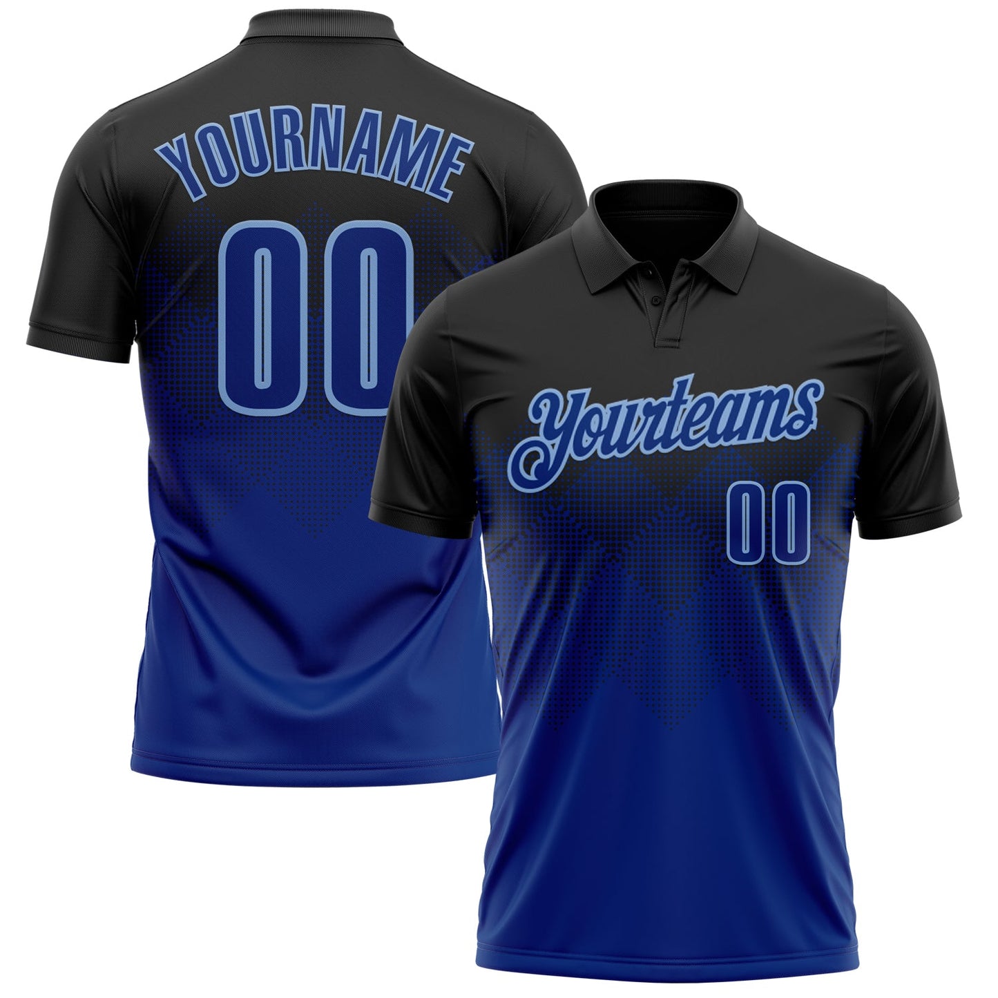 Custom Black Royal-Light Blue 3D Pattern Design Gradient Square Shape Performance Polo Shirt - Main View