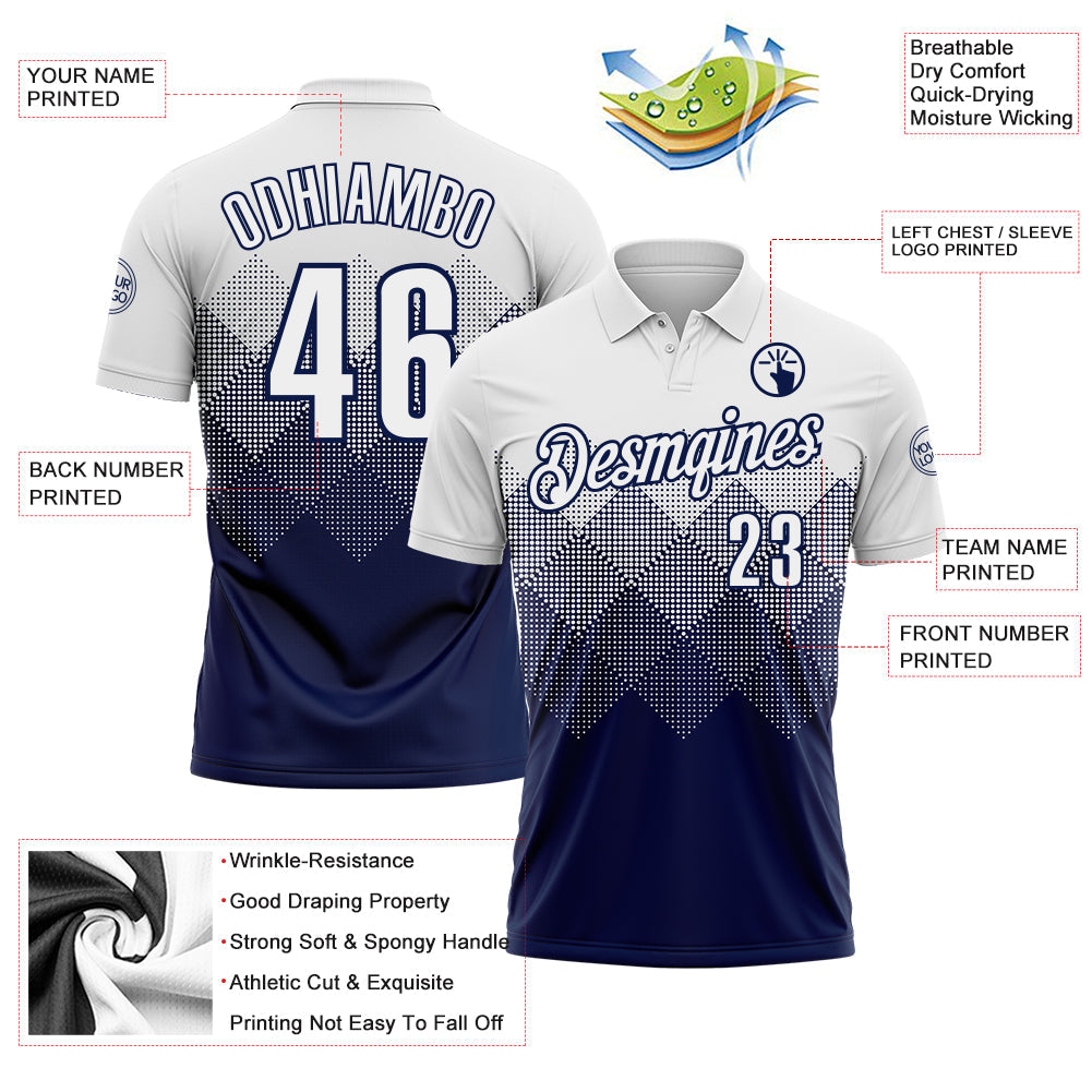 Custom White Navy 3D Pattern Design Gradient Square Shape Performance Polo Shirt view 3