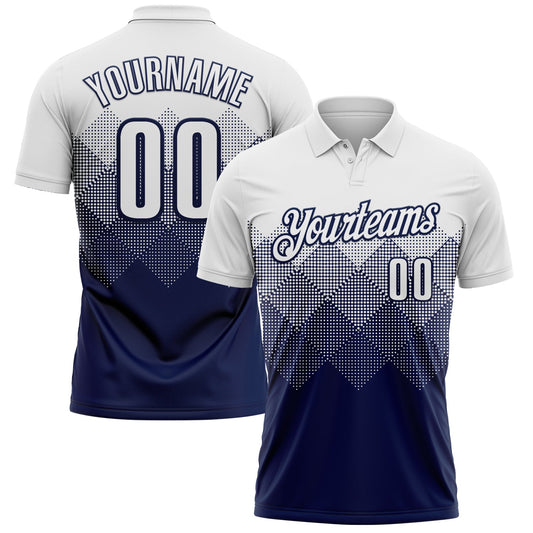 Custom White Navy 3D Pattern Design Gradient Square Shape Performance Polo Shirt - Main View